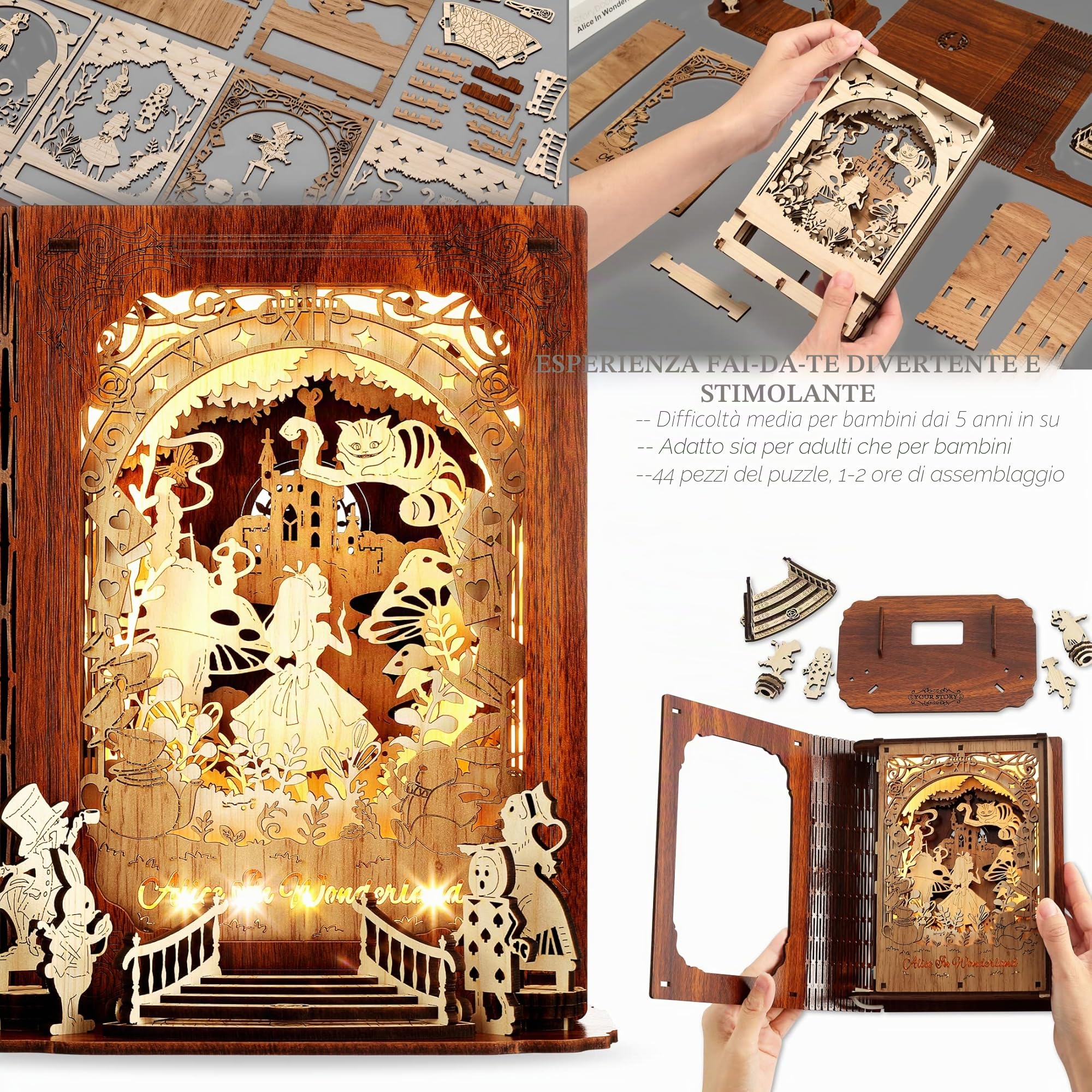 FUNPOLA Alice nel Paese delle Meraviglie Puzzle 3D Luce Notturna – Lampada da Libro LED 3D Fai da Te – Puzzle in Legno 3D Lampada Decorativa per Bambini e Adulti