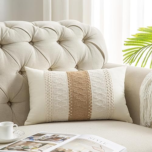 Mayler Yee Fundas de almohada lumbar de 12 x 20 pulgadas para sala de estar de granja, algodón y arpillera con textura a rayas, fundas de almohada