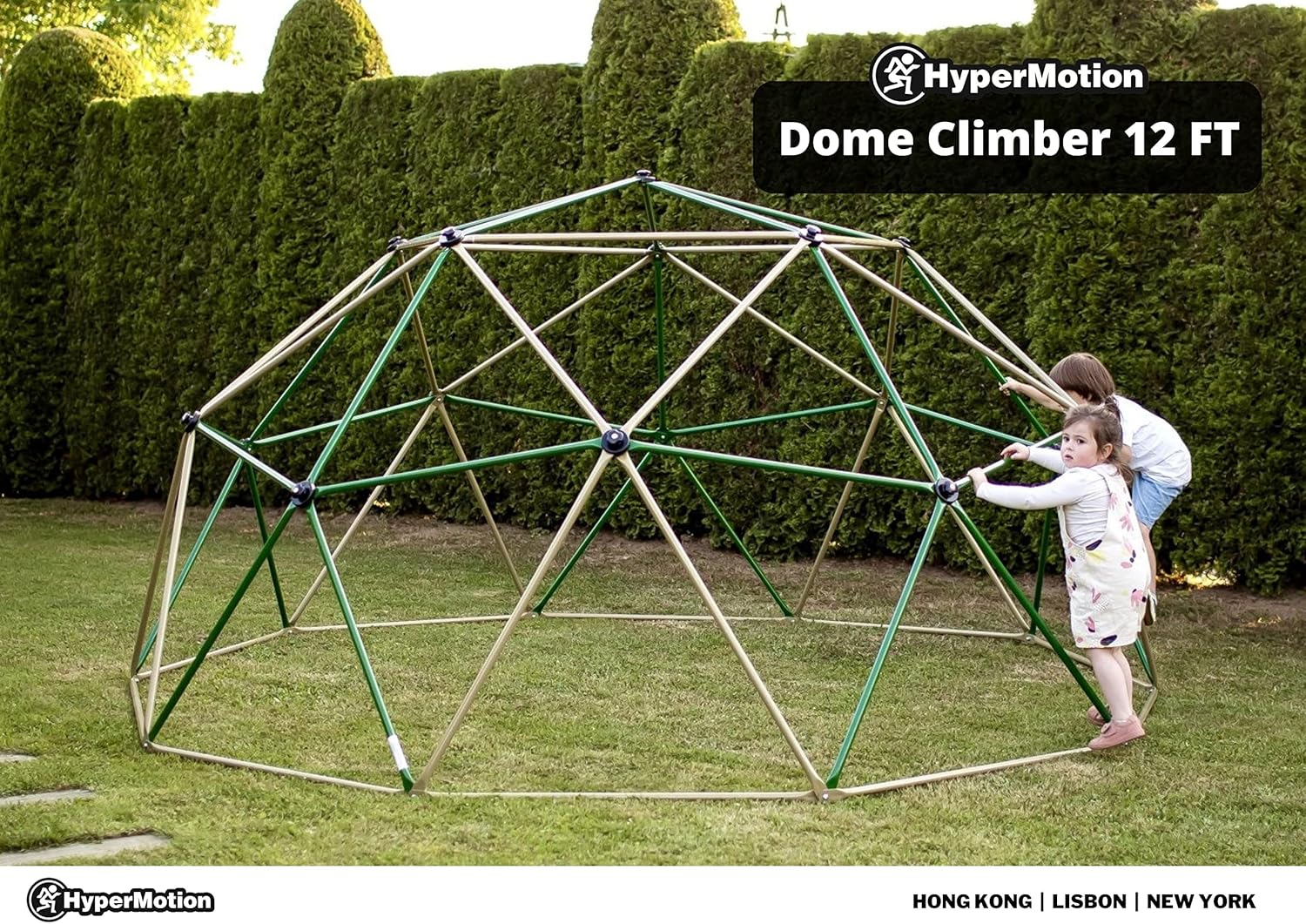 Two children playing on the fully assembled HyperMotion DOME CLIMBER 12FT in a green garden.