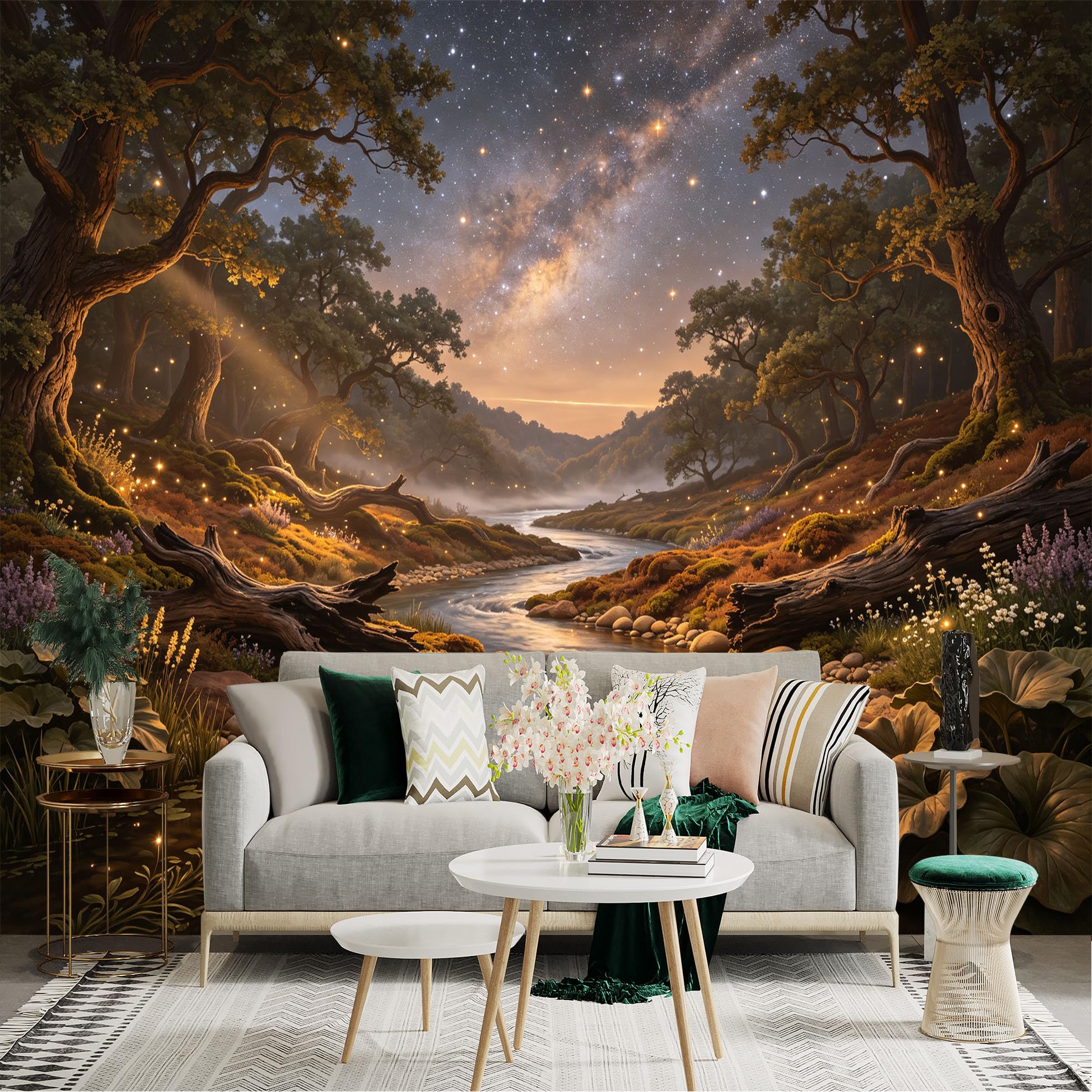 Lnzczhyre Bh260719304 Custom Size Wall Sticker Mural， Enchanted River Landscape， Milky Way Night Sky， Glowing Fireflies， Misty Forest Scenery， For Wall Decoration， Peelandstick Wall Decals.