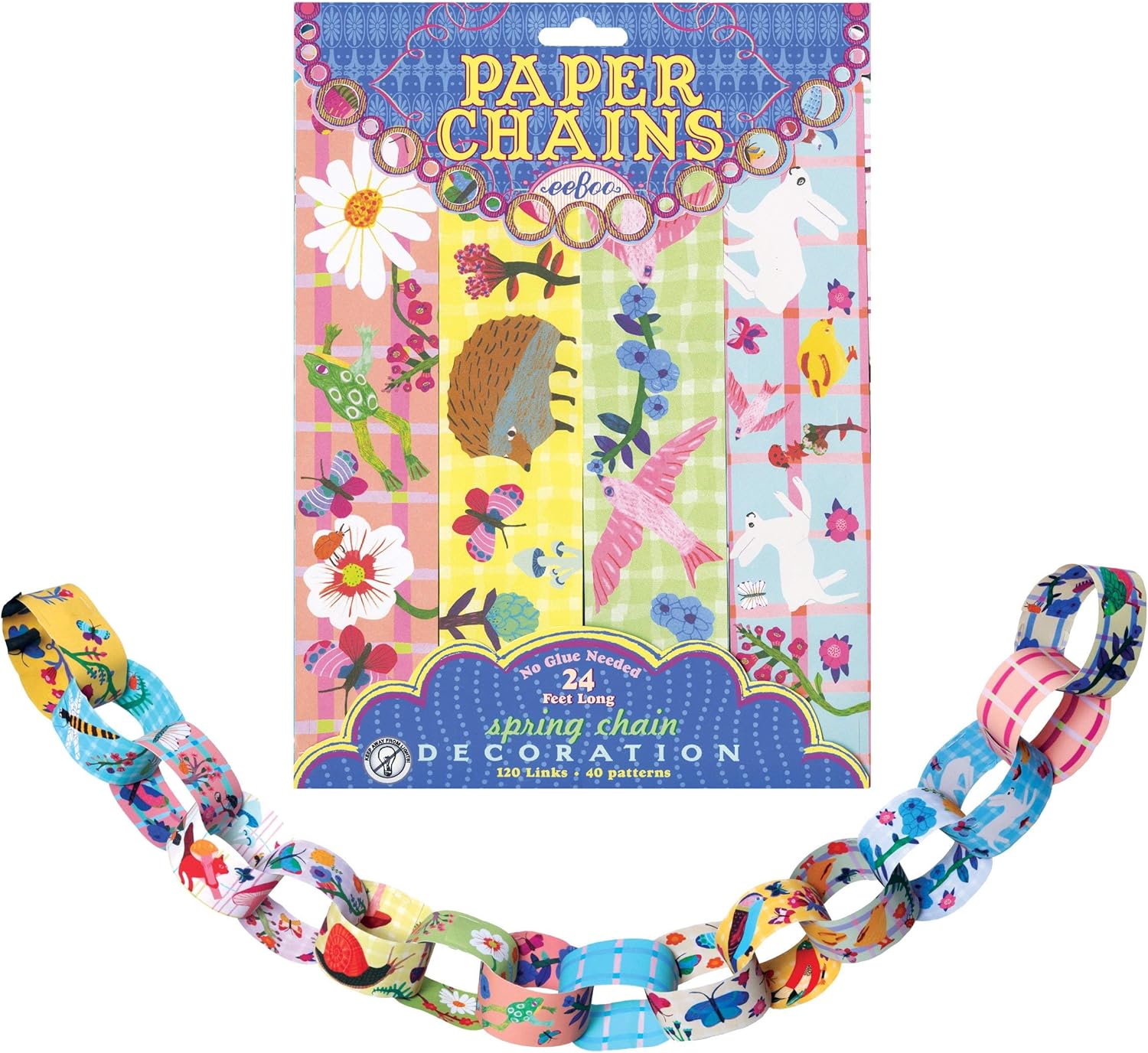 eeBoo: Daisy Paper Chain, 120 Double-Sided Paper Links Included, Four Different Patterned Links to Mix and Match, 24 Feet Long When Completed