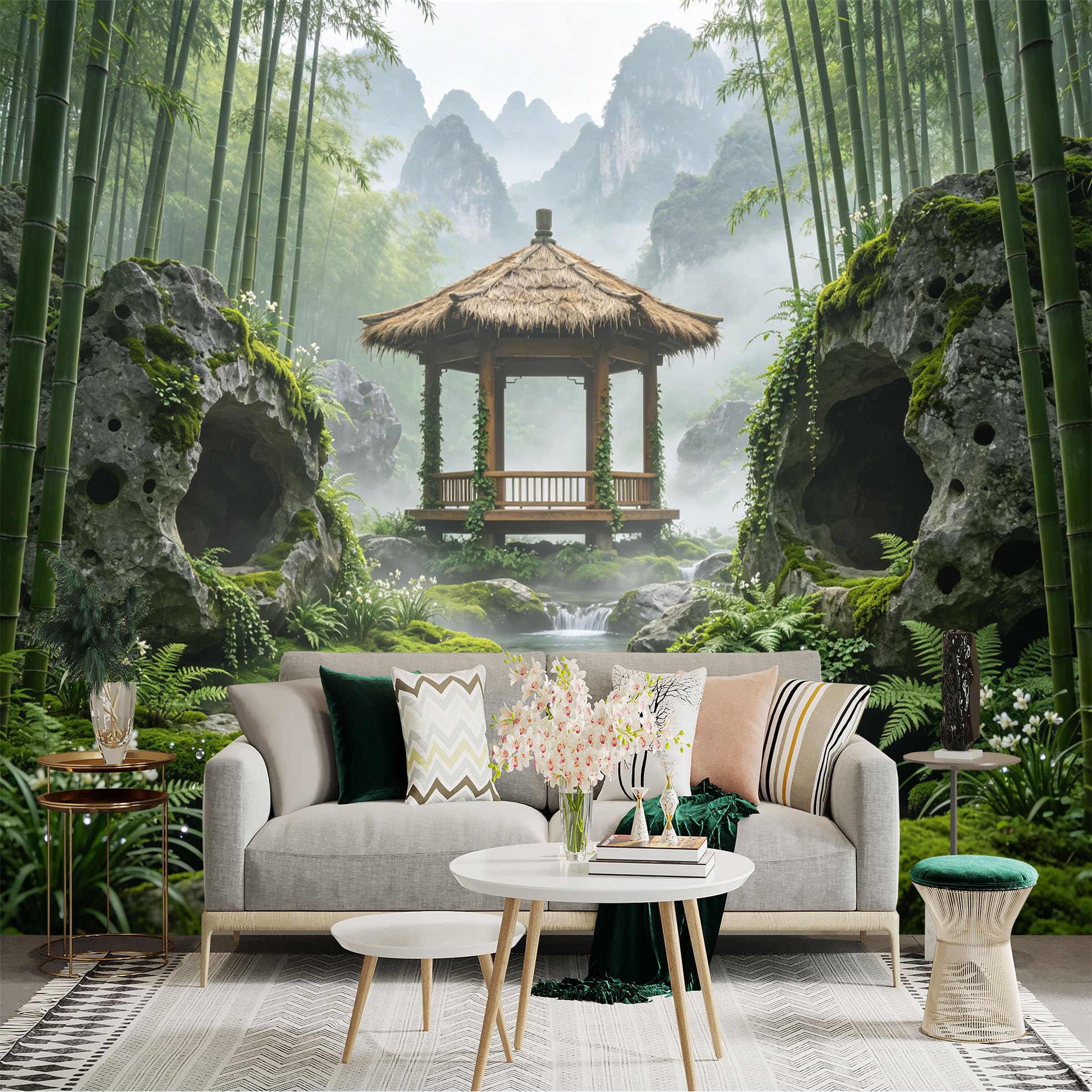 Custom Size Wall Sticker Mural， Tranquil Bamboo Forest with Gazebo， Waterfall and Misty Mountains， for wall Decoration， peelandstick wall Decals.