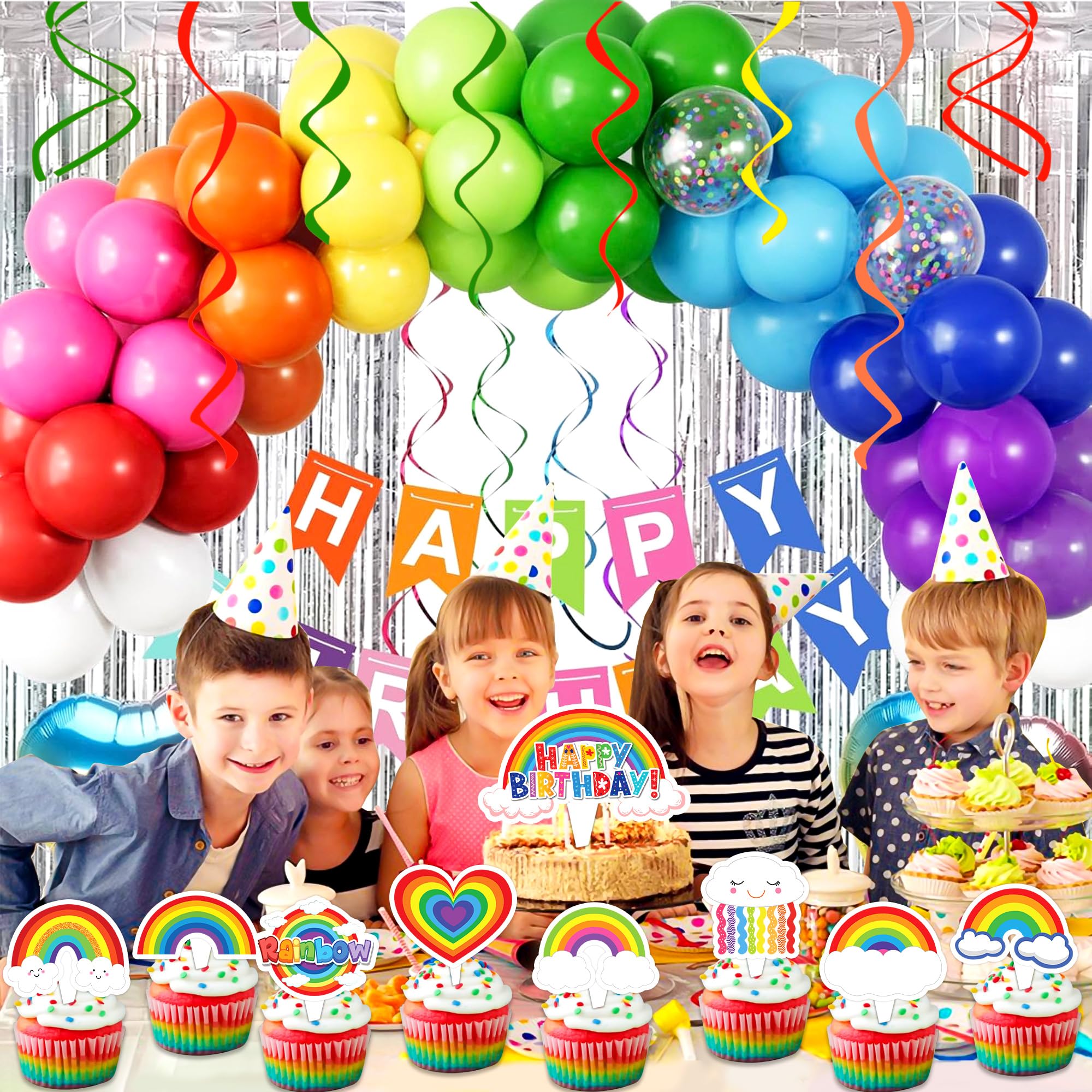 Rainbow Cake Topper Picks - 25 PCS Pastel Rainbow Cloud Cupcake Toppers For Birthday Parties