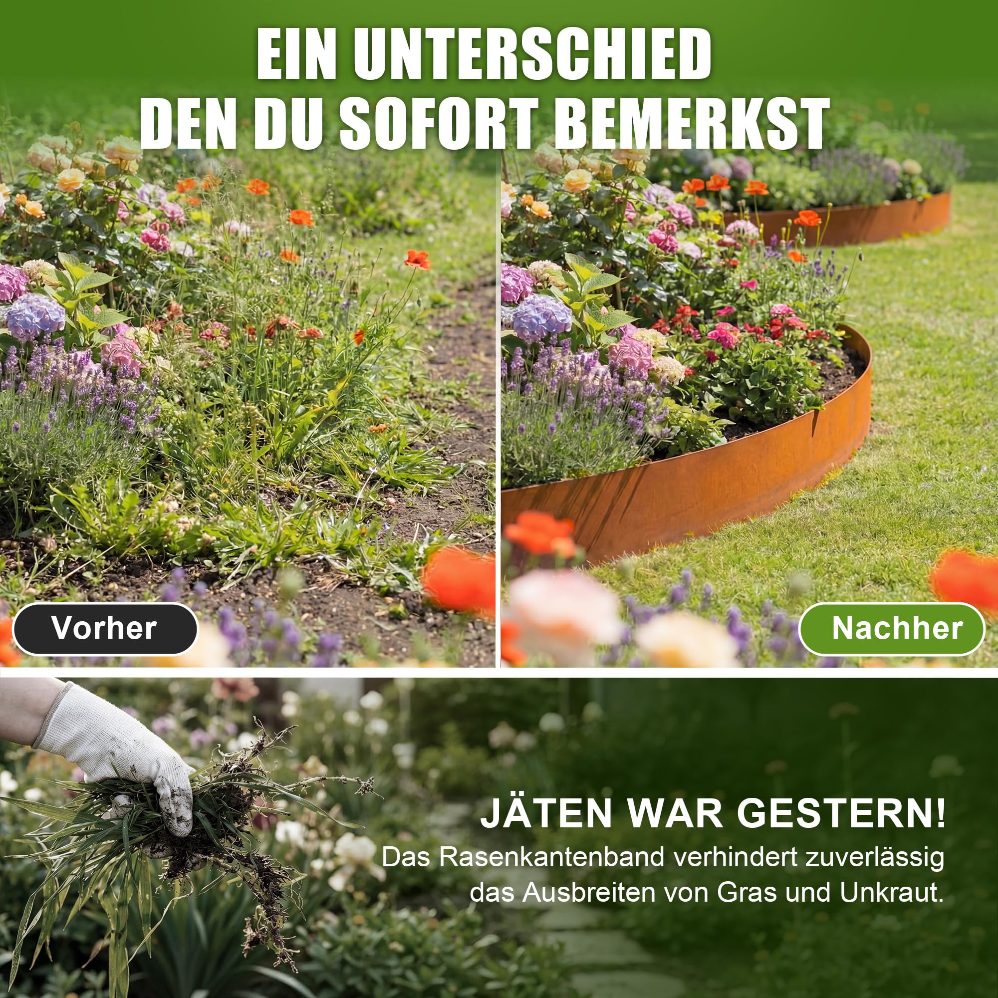 Enhon Borde de césped de Acero Corten, 10 m, Borde de Metal para parterres, 15,5 cm de Alto, Flexible y cortable; para diseño de Jardines, Bordes de césped, parterres, Caminos de Grava