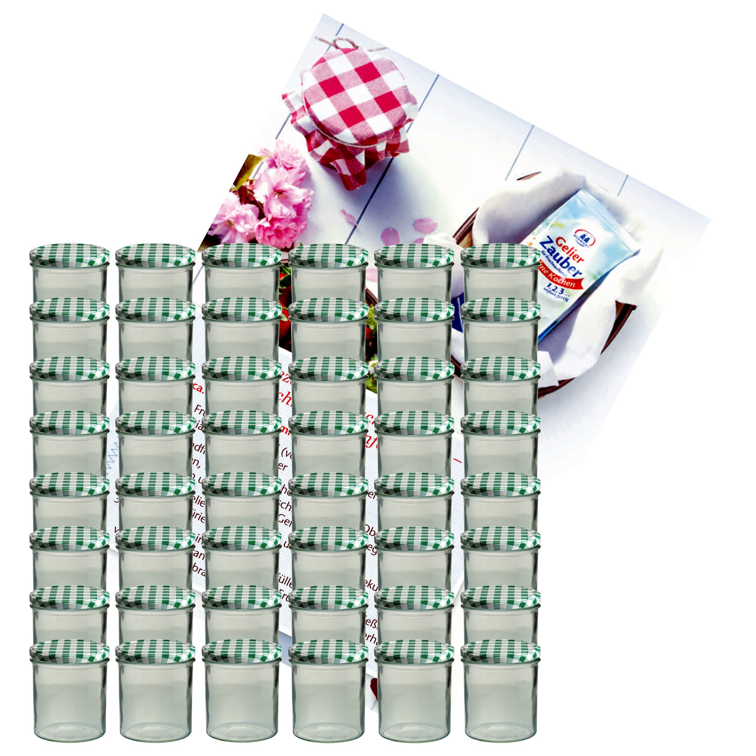 MamboCat Lot de 48 bocaux en verre de 350 ml avec couvercles verts à carreaux To 82 + livret de recettes Diamant-Zucker Gelierzauber (français non garanti)