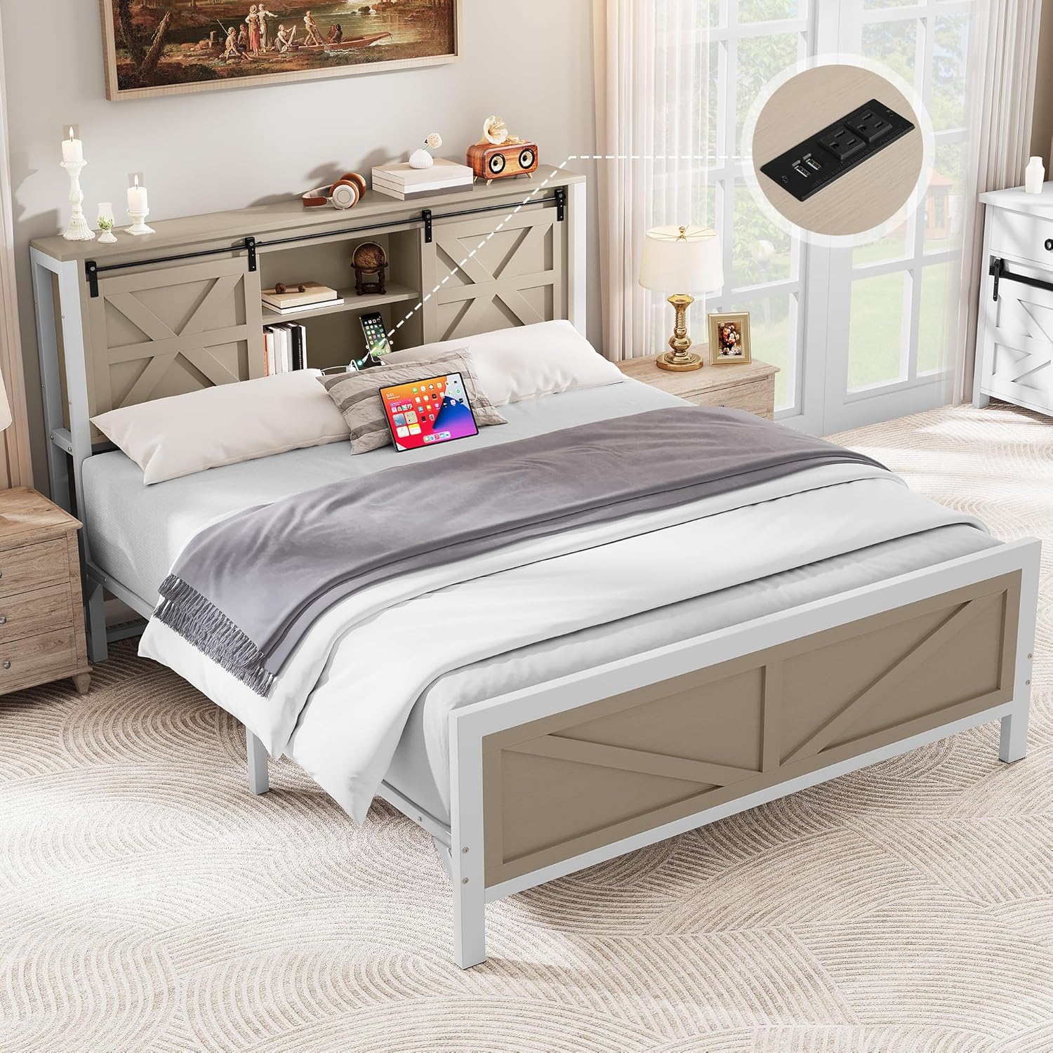 INCOMPLETE, HEADBOARD STORAGE ONLY, YITAHOME Farmhouse Queen Size Bed Frame with Headboard, Bookcase Shelves, Sliding Barn Door, Charging Station, Rustic Wood Platform Bed, No Box Spring Needed, Oak Oak Queen Headboard Storage