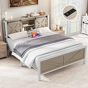 YITAHOME Farmhouse Queen Size Bed Frame with Headboard, Bookcase Storage Shelves, Sliding Barn Door, Charging Station, Rustic Wood Platform Bed, No Box Spring Needed, Oak
