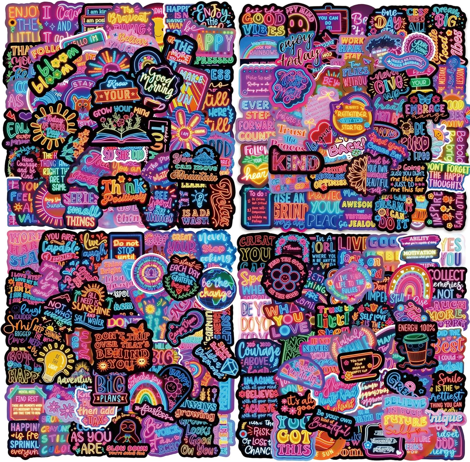 200Pcs Neon Inspirational Stickers, Waterproof Motivational Vinyl Stickers for Water Bottles, Laptops, Journals, Positive Quotes Stickerfor Teens, Students, Teachers, Planners