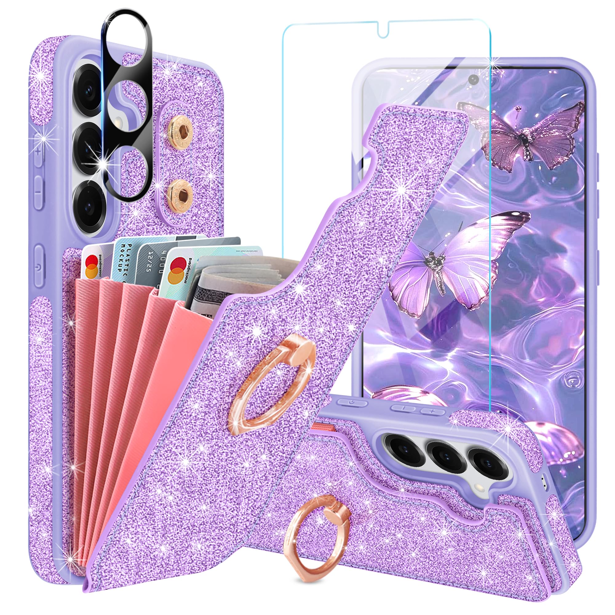 Casewind for Samsung S25 Plus Case Wallet,with [Screen Protector + Camera Lens Protector] 5 Card Holder 360°Rotation Ring Kickstand Bling Women Girls