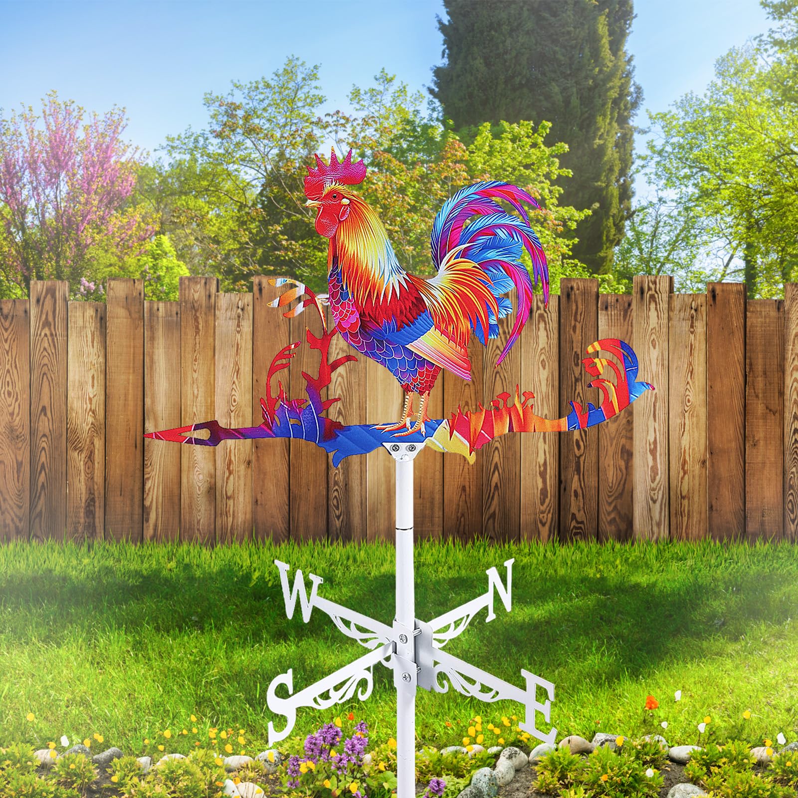Shaojian Rooster Stainless Steel Weather Vane Colorful Weathervanes 65Cm Tall Garden Chicken Stake Weathercock Farm Scene Wind Direction Indicator For Sheds Roof Shack Yard Garden(Rooster)