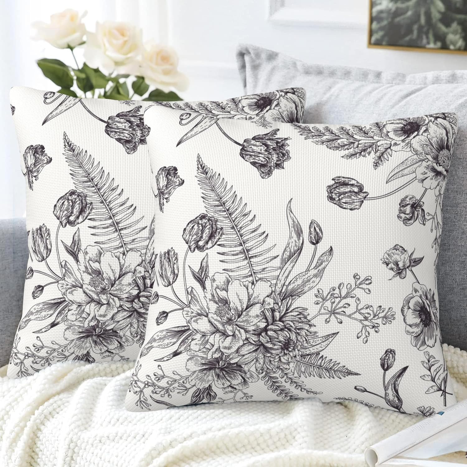 Throw Pillow Covers French Grey Botanical Pillow Covers 20x20 Inch Set of 2 Throw Pillows Decorative Pillow Cases Cushion Covers for Bedroom Livingroom Sofa Farm House - Image 4