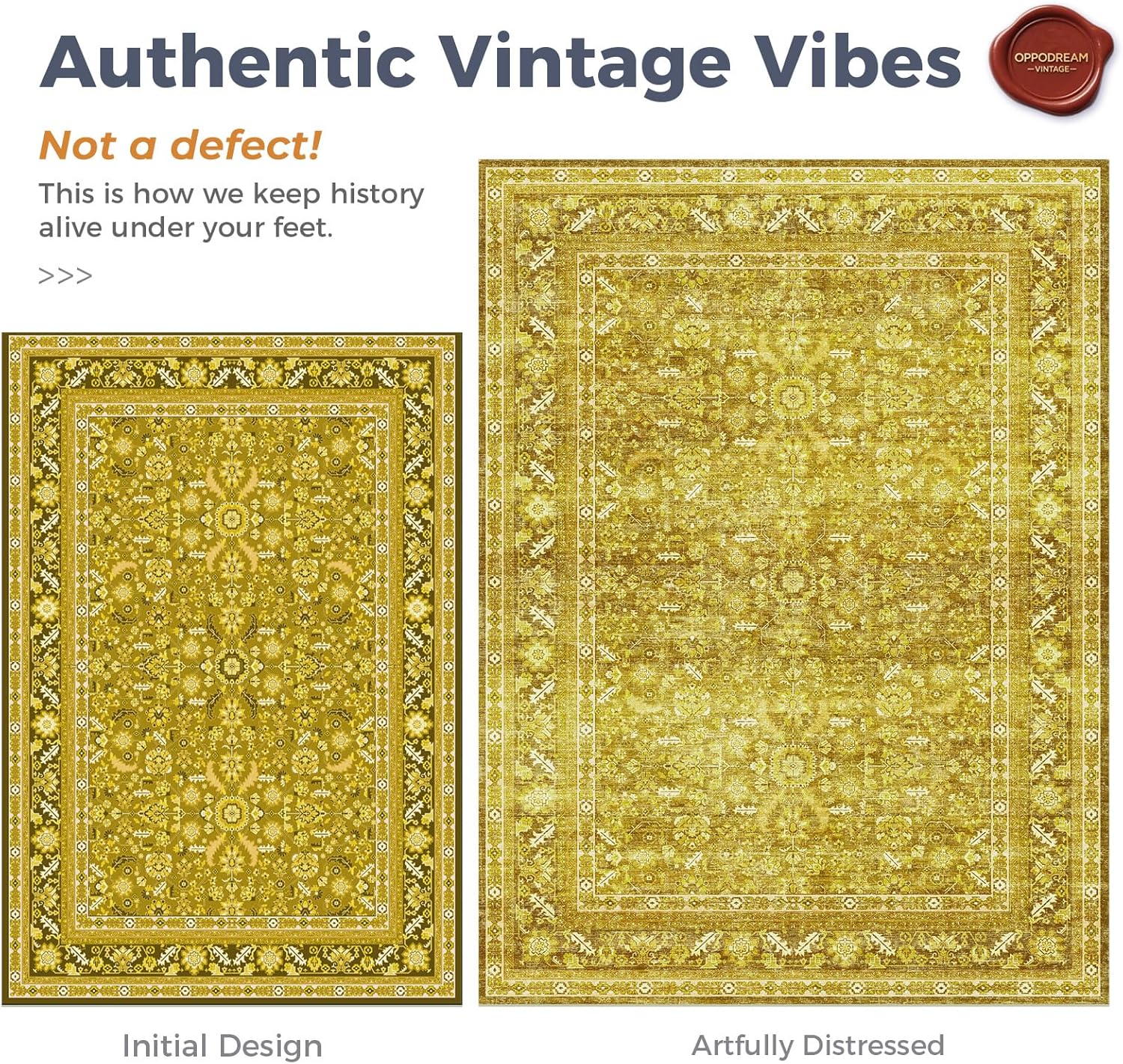 OPPODREAM Vintage Yellow Round Rug 6ft, 6 ft Retro Washable Circle Rug Non Slip, Low-Pile Faux Wool Circular Carpet, Distressed Floor Mat for Living Room, Bedroom, Office, Dorm, Dinning Room