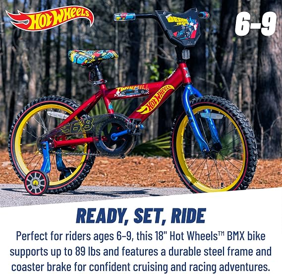 Dynacraft Hot Wheels BMX Bike for Boys, 12-18 Inch Kids Bike, Ages 3-9, Rev Grip Handlebar Feature, Red & Black