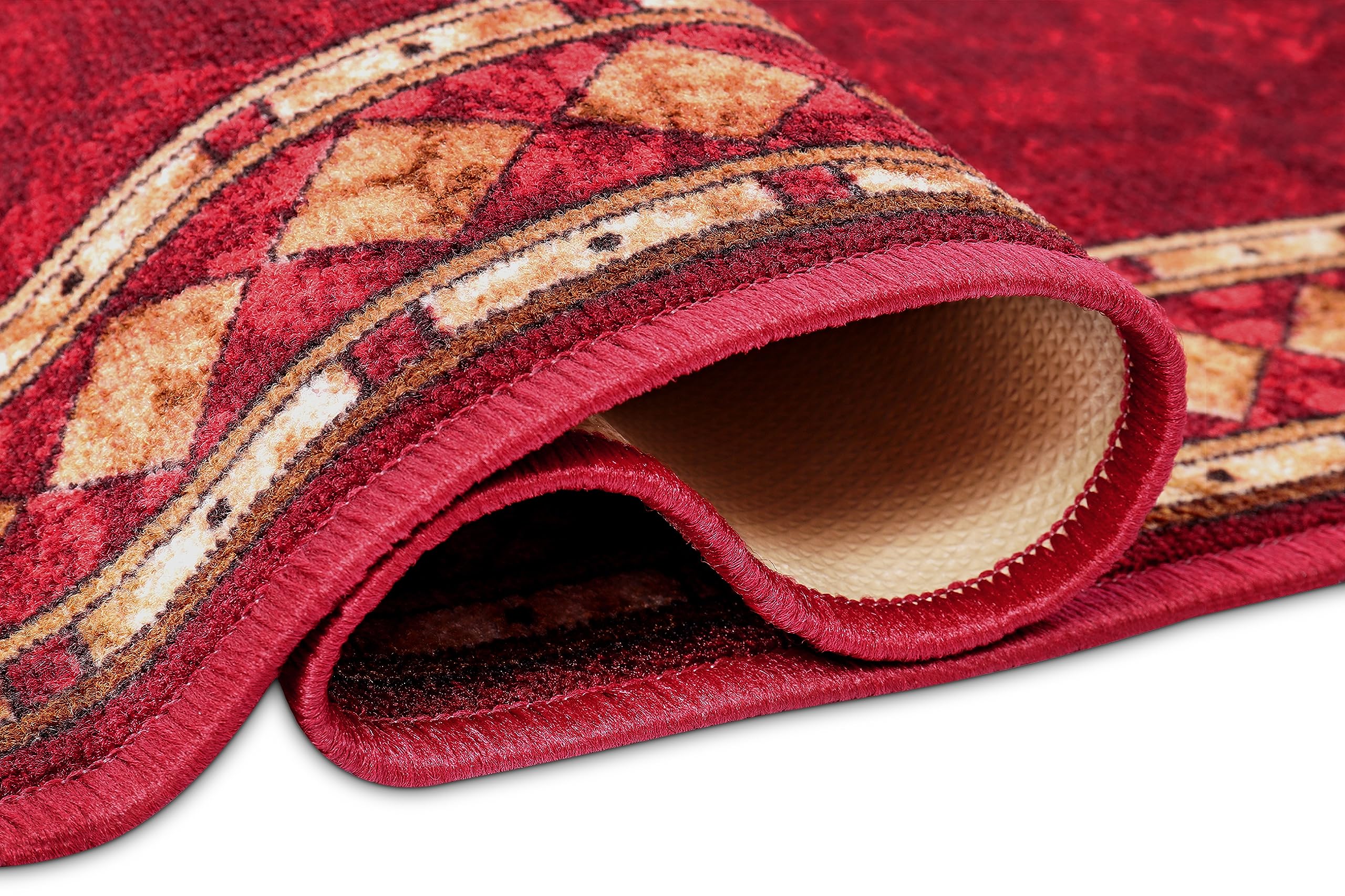 TAPISO Anti Rutsch Teppich Läufer rutschfest Brücke Meterware Oriental Rot Gelb Ornament Design Meliert Flur Küche Wohnzimmer 80 x 300 cm