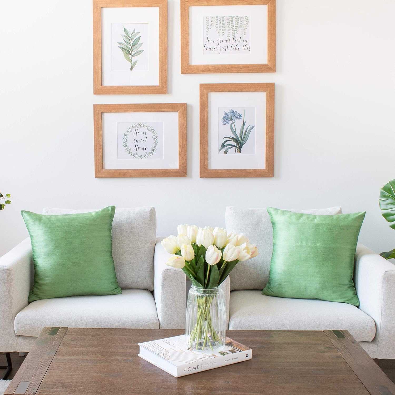 The White Petals Light Green Pillow Covers (Set of 2 Covers, Faux Raw Silk, Light Green, 22x22 inches)