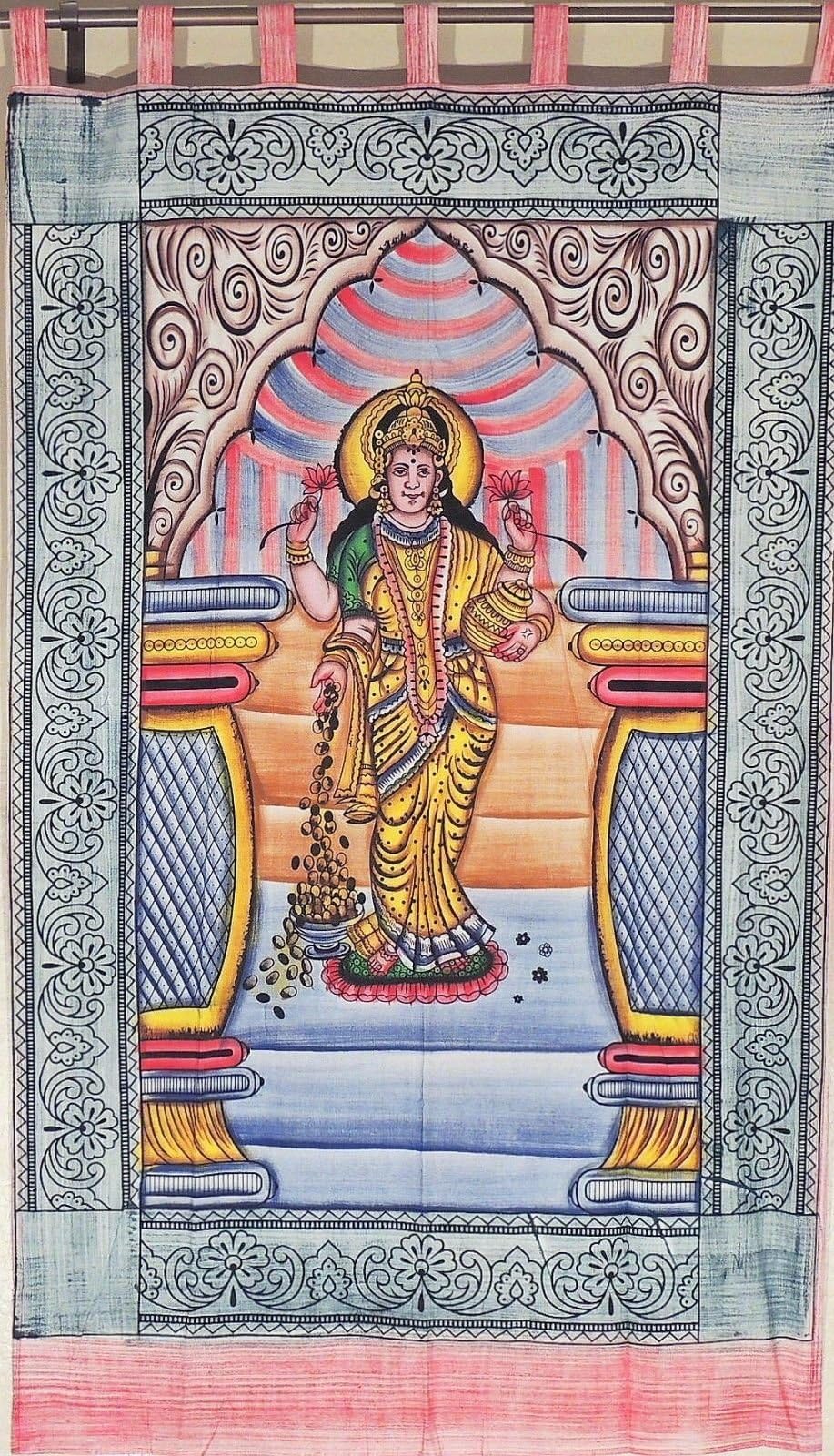 Goddess Lakshmi Wall Hanging Art - Multicolor Huge Cotton Fabric Indian Tapestry ~ 72 Inch x 50 Inch