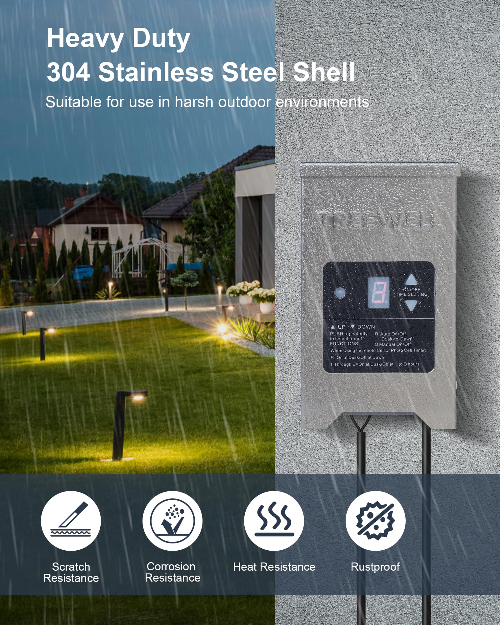 150W Low Voltage Landscape Transformer With Photocell & Timer - Stainless Steel, ETL Listed