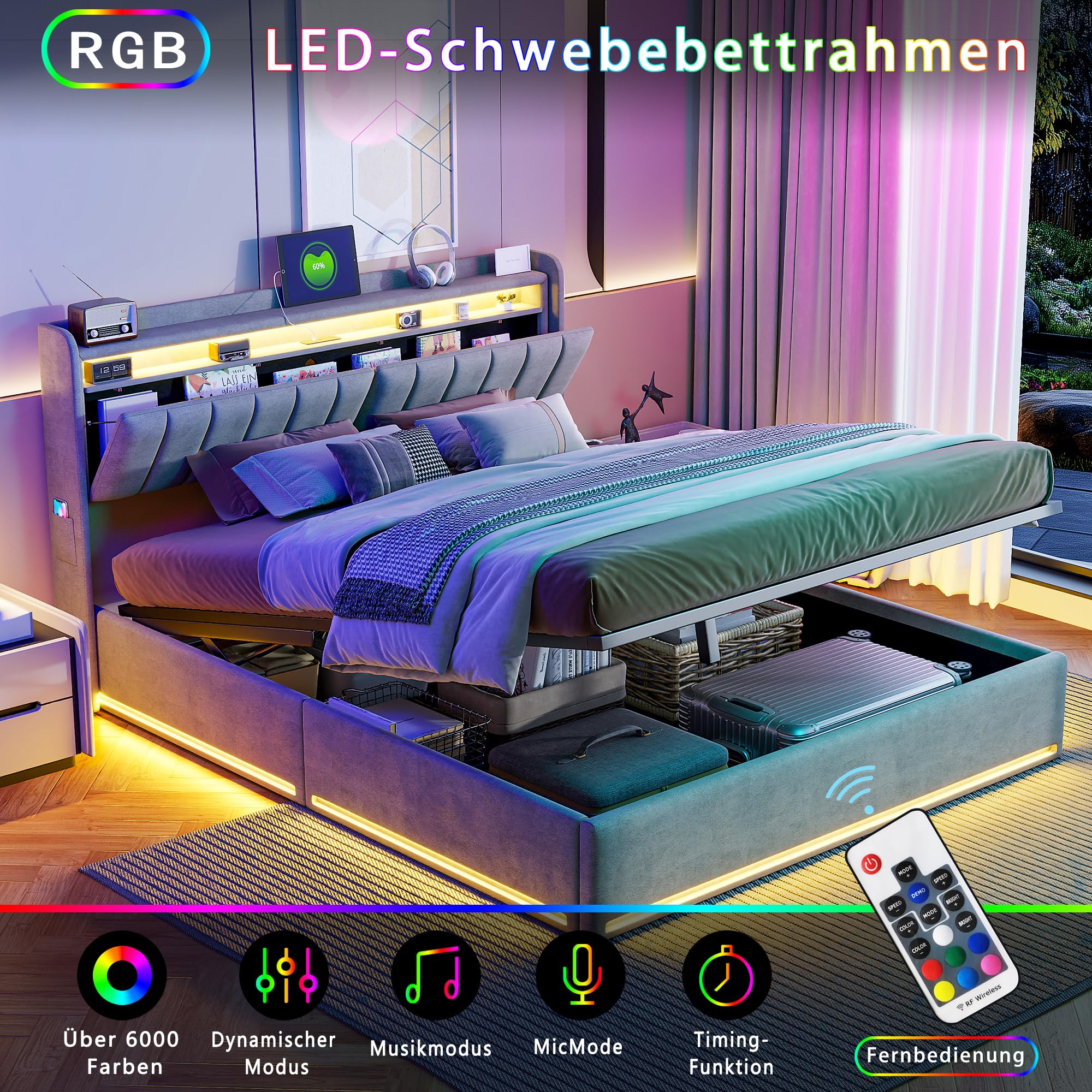 Łóżko 160x200 z pojemnikiem i oświetleniem LED,łóżko podwójne z tapicerowanym zagłówkiem,łóżko podwójne z listwowym stelażem dla dorosłych i nastolatków,hydraulicznie tapicerowana rama łóżka