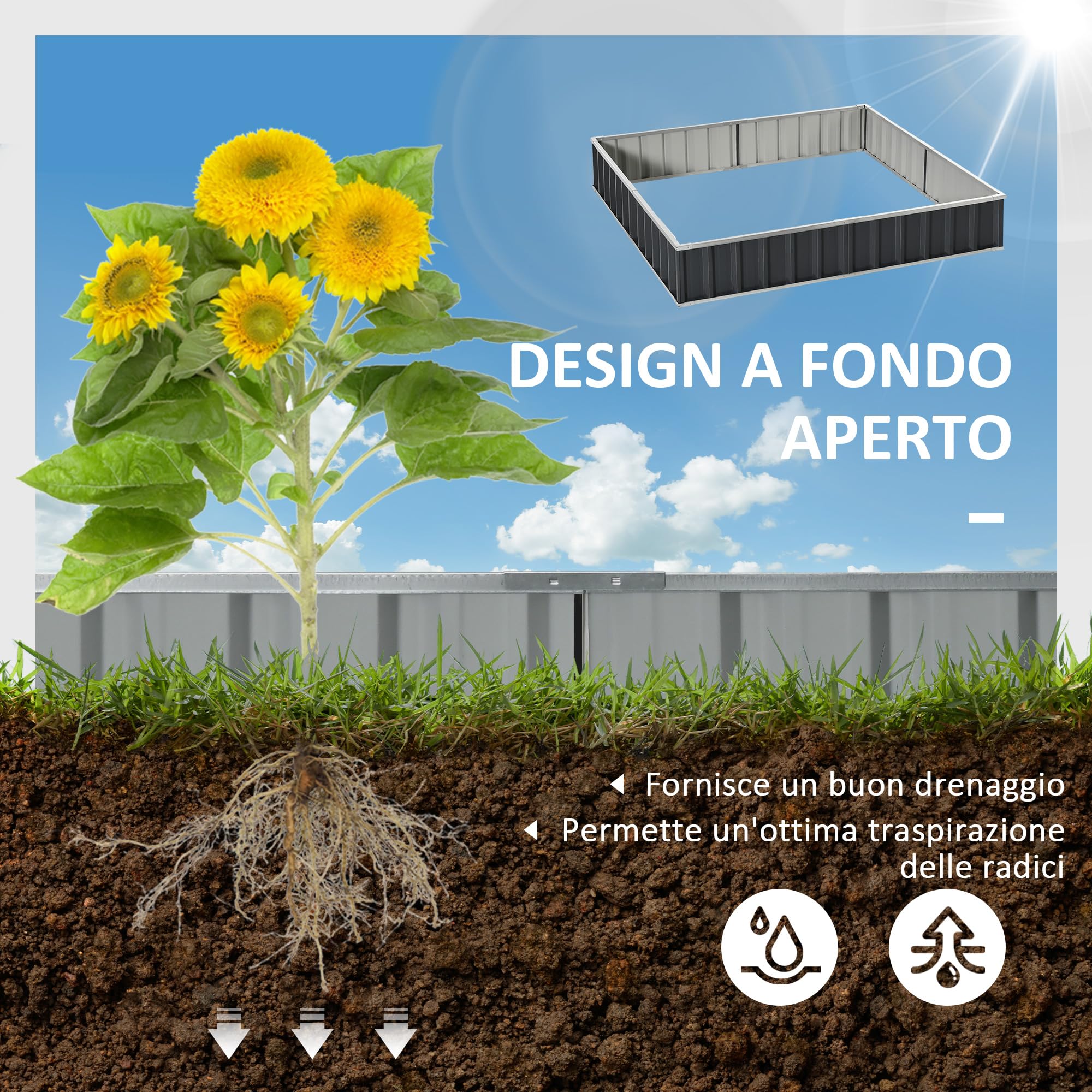 Outsunny Letto per Orto Rialzato da Esterno 645L, Fioriera da Esterno in Acciaio Galvanizzato con Fondo Aperto, per Piante, Fiori e Verdure, 258x90x30cm, Grigio Scuro