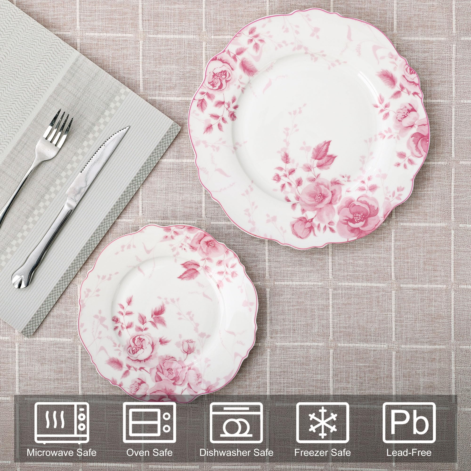 fanquare 21,6 cm Rosa Dessert-Teller mit Blumenmuster, 4er-Set Britisches Elegantes Porzellan, Snack- und Vorspeisenteller, Mikrowellen- und Spülmaschinenfest