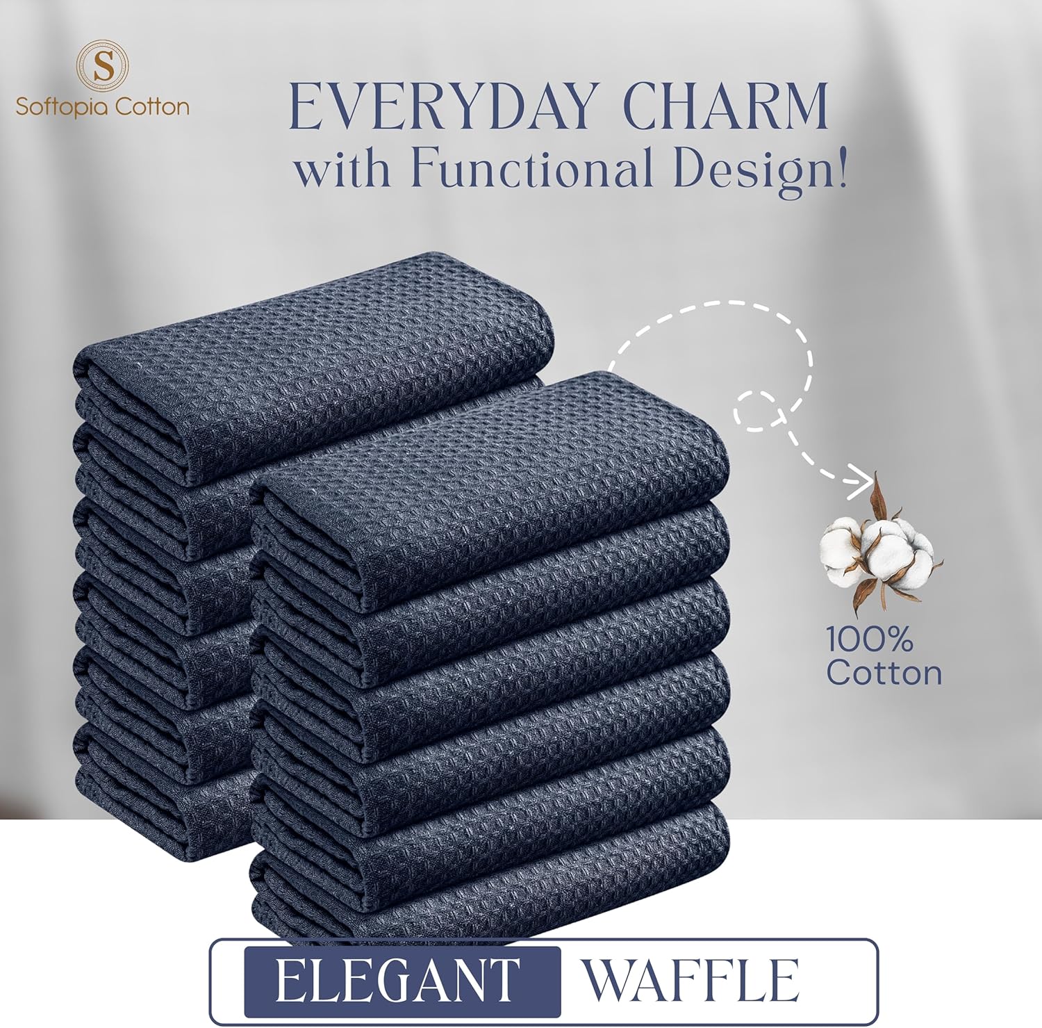 Navy Waffle Kitchen Dish Towels 100% Cotton, Soft, Absorbent, Quick Drying, Multipurpose Use, Bar & Tea Towels, 16x26 Inches, Durable, Machine Washable, Reusable, Set of 12, Navy Blue