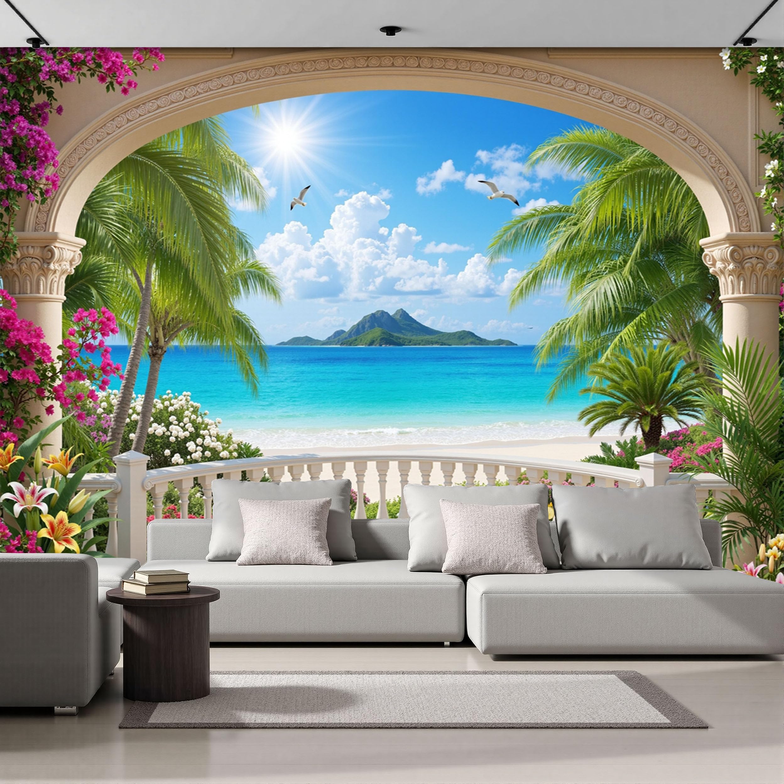Papier Peint Panoramique Paysage Nordique En Terrasse 350X256Cm Murale Photo - Vacances Romantiques À La Plage Bleu Tapisserie Murales Papier Peint Intissé Pour Chambre Salon Fond Tv - Photo Muraux