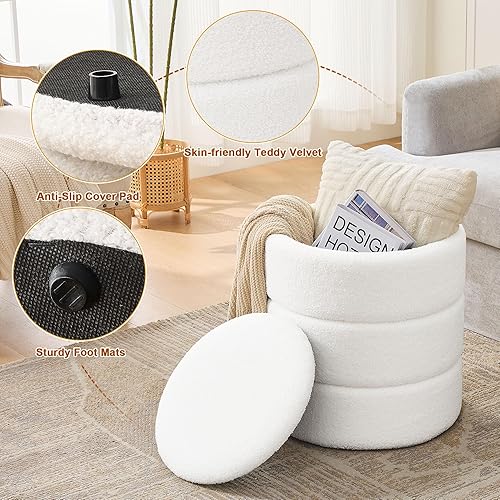 Miniatura 9 de Otomana redonda con almacenamiento, juego de 2, sillas de tocador tapizadas de terciopelo de peluche suave, soporte acolchado de 330 libras,