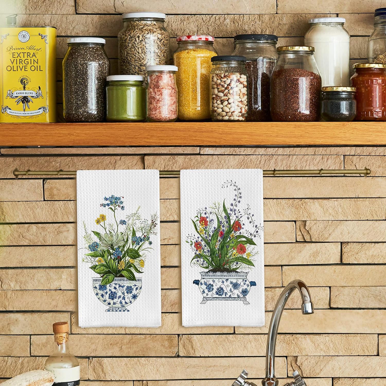 Chinoiserie Floral Kitchen Towels Set of 2 - Retro Flower Chinoiserie Dish Towels for Kitchen, Chinoiserie Kitchen Hand Towels, Chinoiserie Waffle Weave Tea Towels Decorative Set 16 X 24 Inch - Image 2