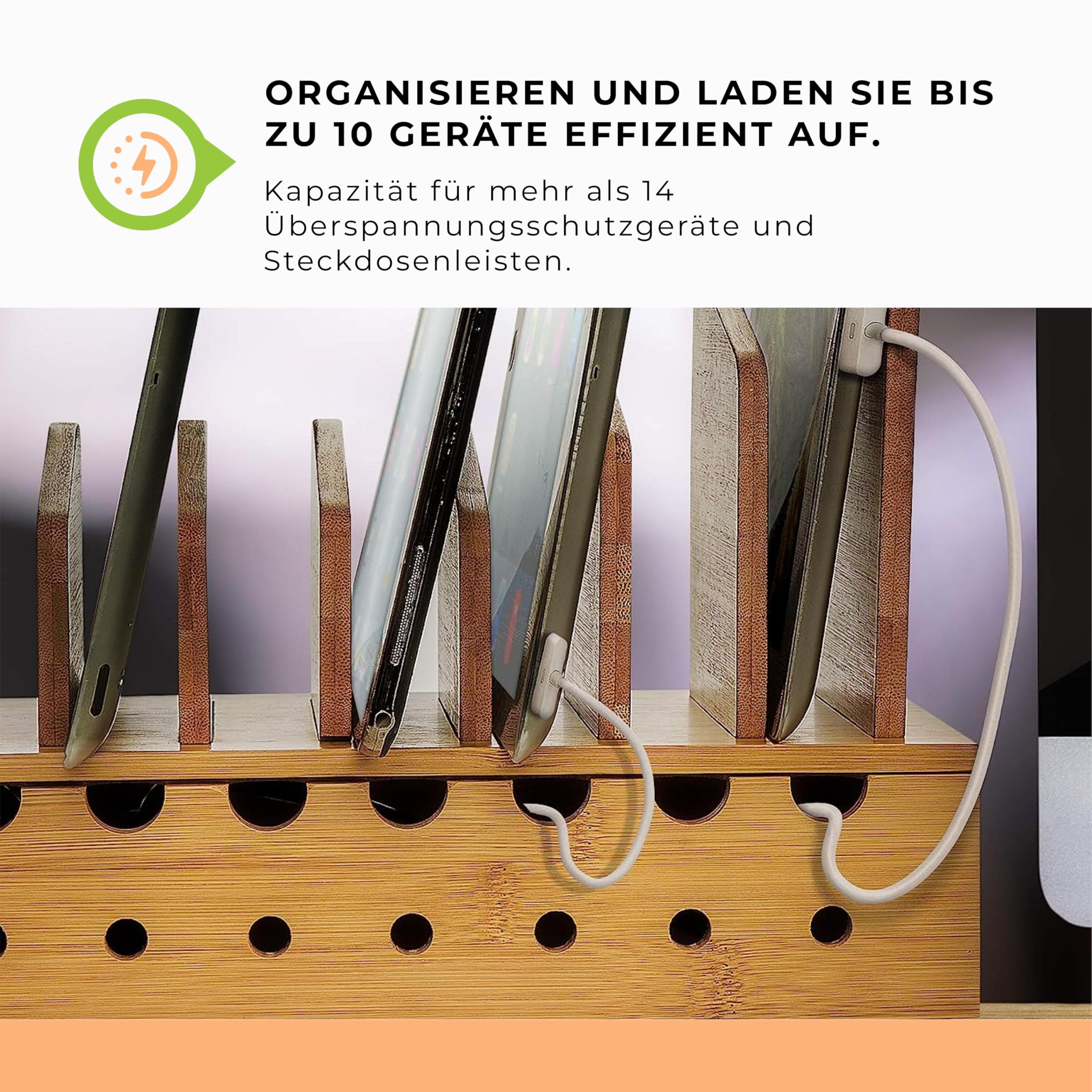 Prosumer's Choice Ständer für mehrere Ladestationen mit Kabelbox-Organizer – Schreibtisch-Organizer aus Bambus für 10 Geräte und Kabelmanagement – ​​kompatibel mit Smartphones und Tablets