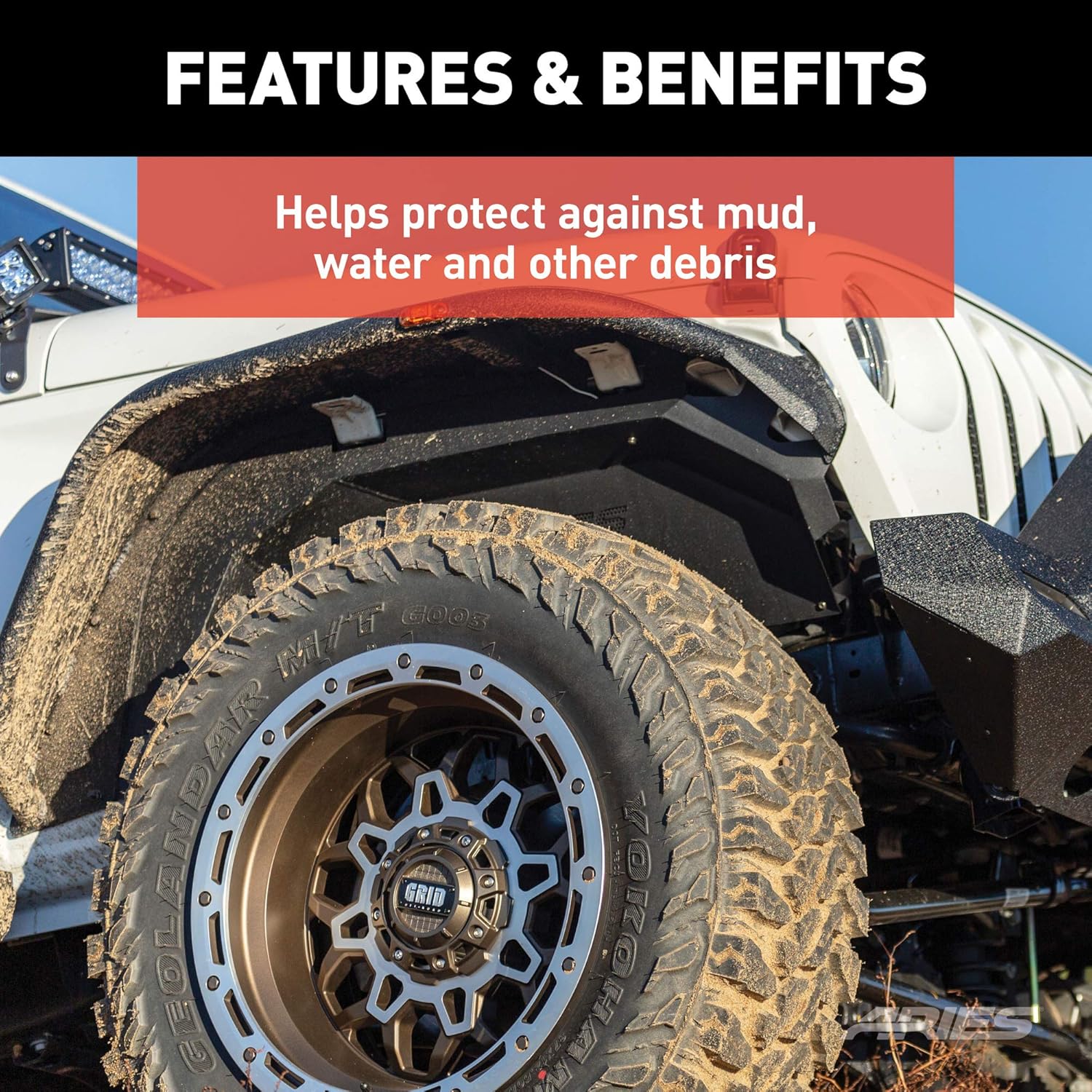 ARIES 1500550 Black Aluminum Front Inner Fender Liner Wheel Well Guard Covers, Fits Select Jeep Wrangler JL