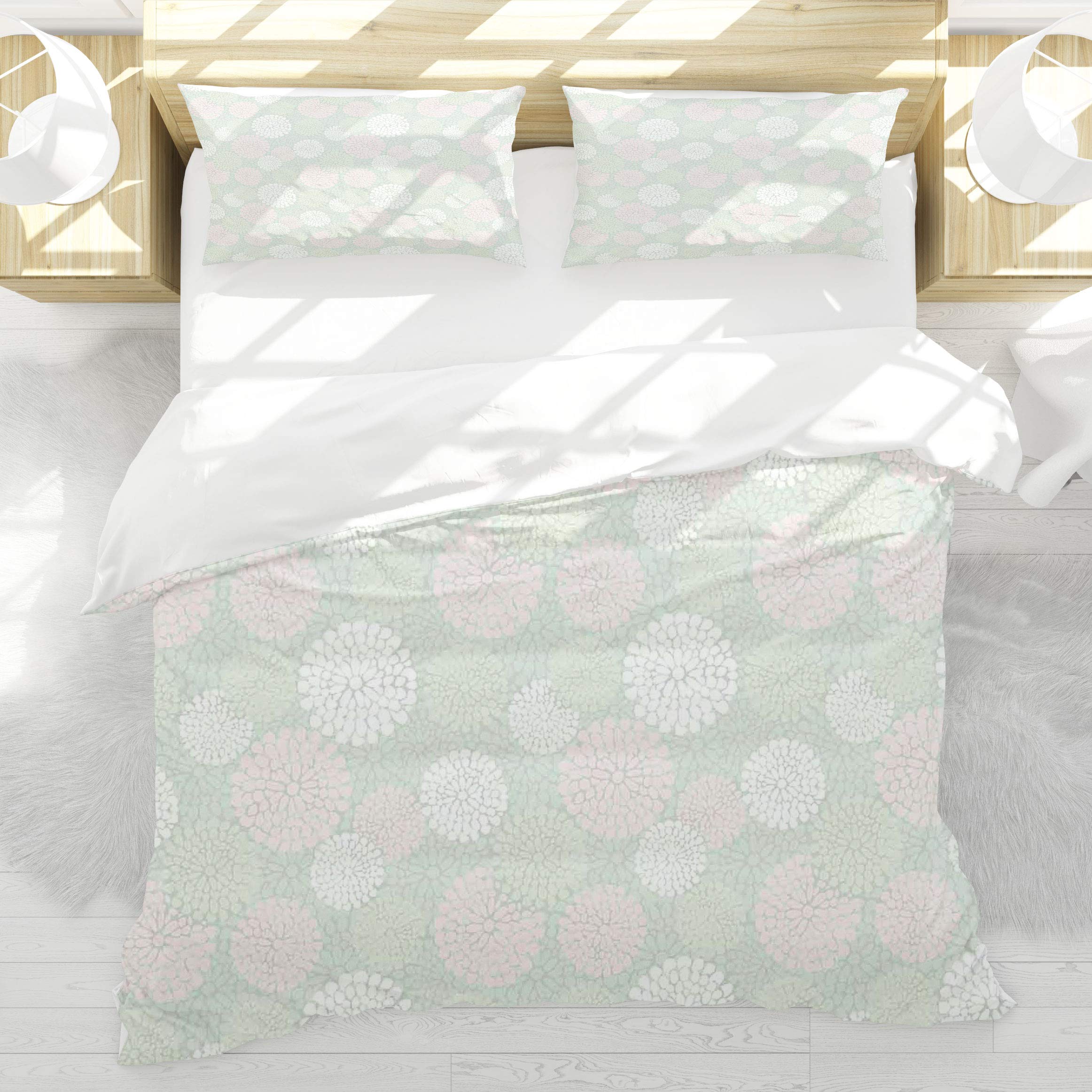 Housse de couette 200x200cm thème fleurs de printemps pastel et vert amande