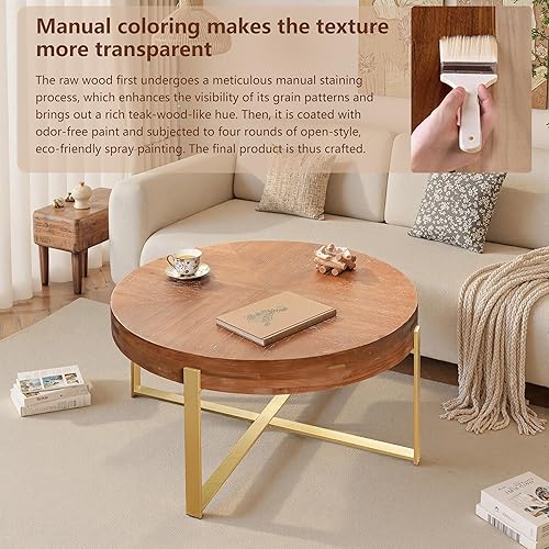 Miniatura 16 de Mesa de centro redonda de empalme retro moderna de 31.29 pulgadas, mesa de madera de abeto con base de patas cruzadas doradas dorado (31.1 in),Negro