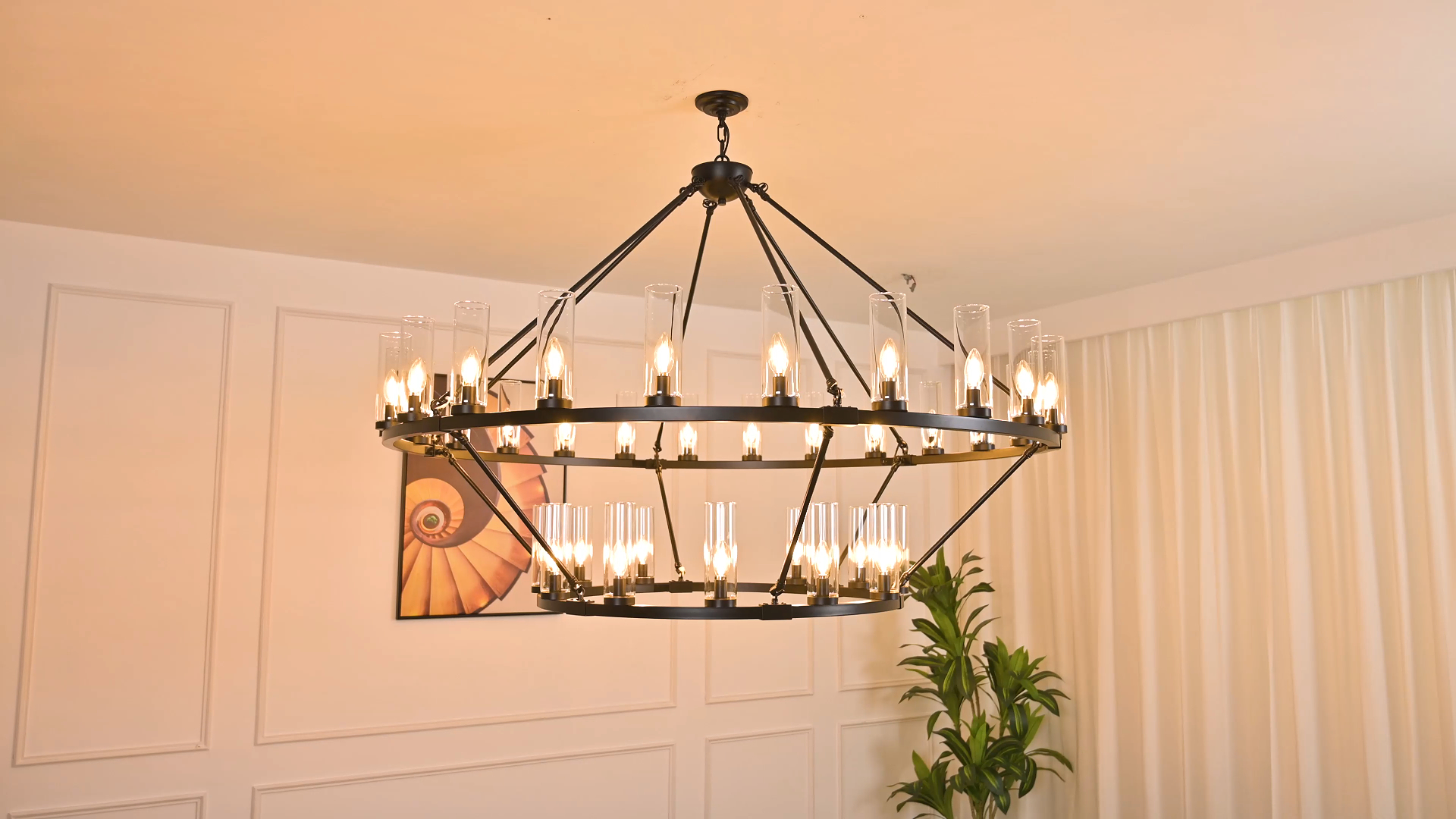 Image of 63 Inch Large Black Wagon Wheel Chandelier with Clear Glass Shade 2 Tier 36-Lights Round Pendant Light Farmhouse Industrial Chandeliers Dining Room Light Fixture for Stair Living Room Foyer