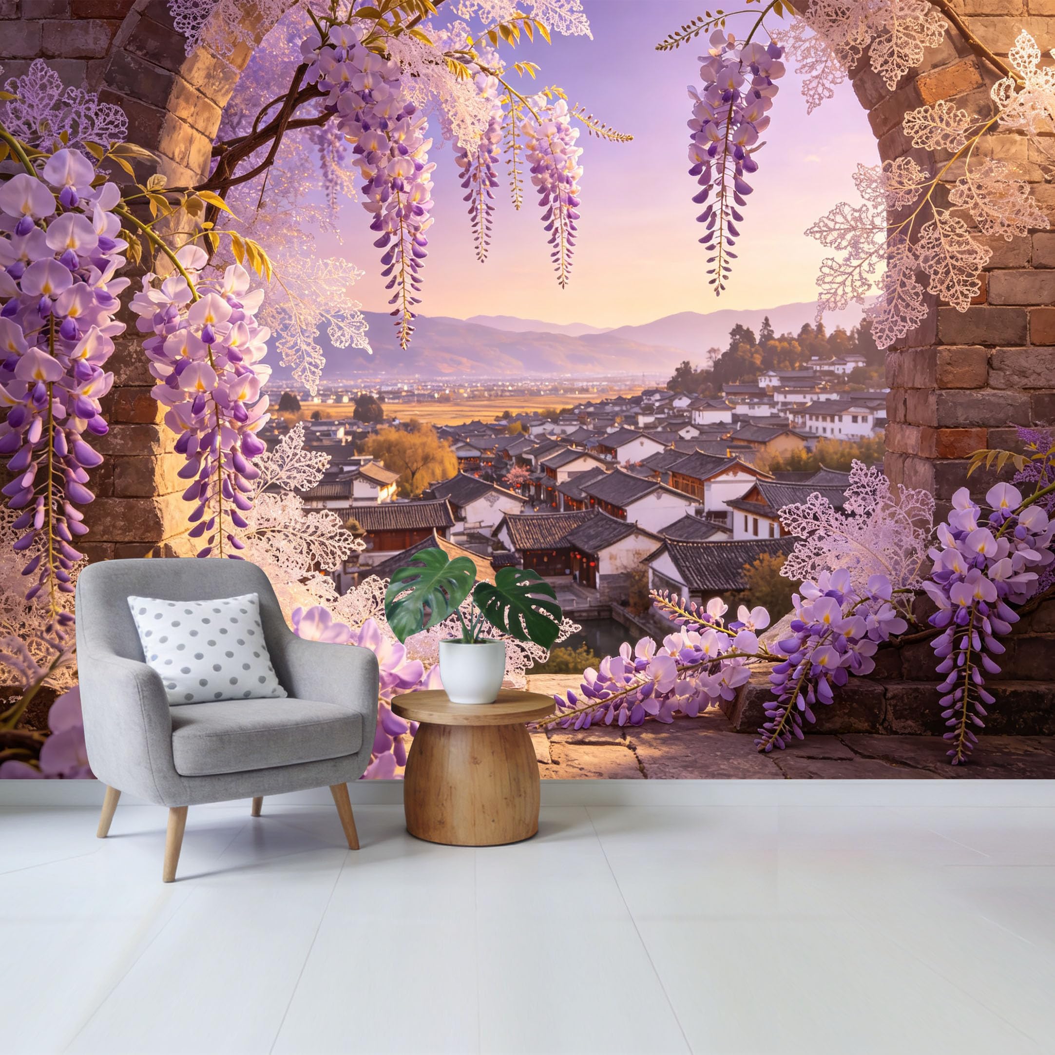 Qzlithotic Yq2605250488 Custom Size Wall Mural Wisteria Flower Archway Ancient Town Landscape 3D Perspective Selfadhesive Wall Fabric Removable Wallpaper For Home Office Decor