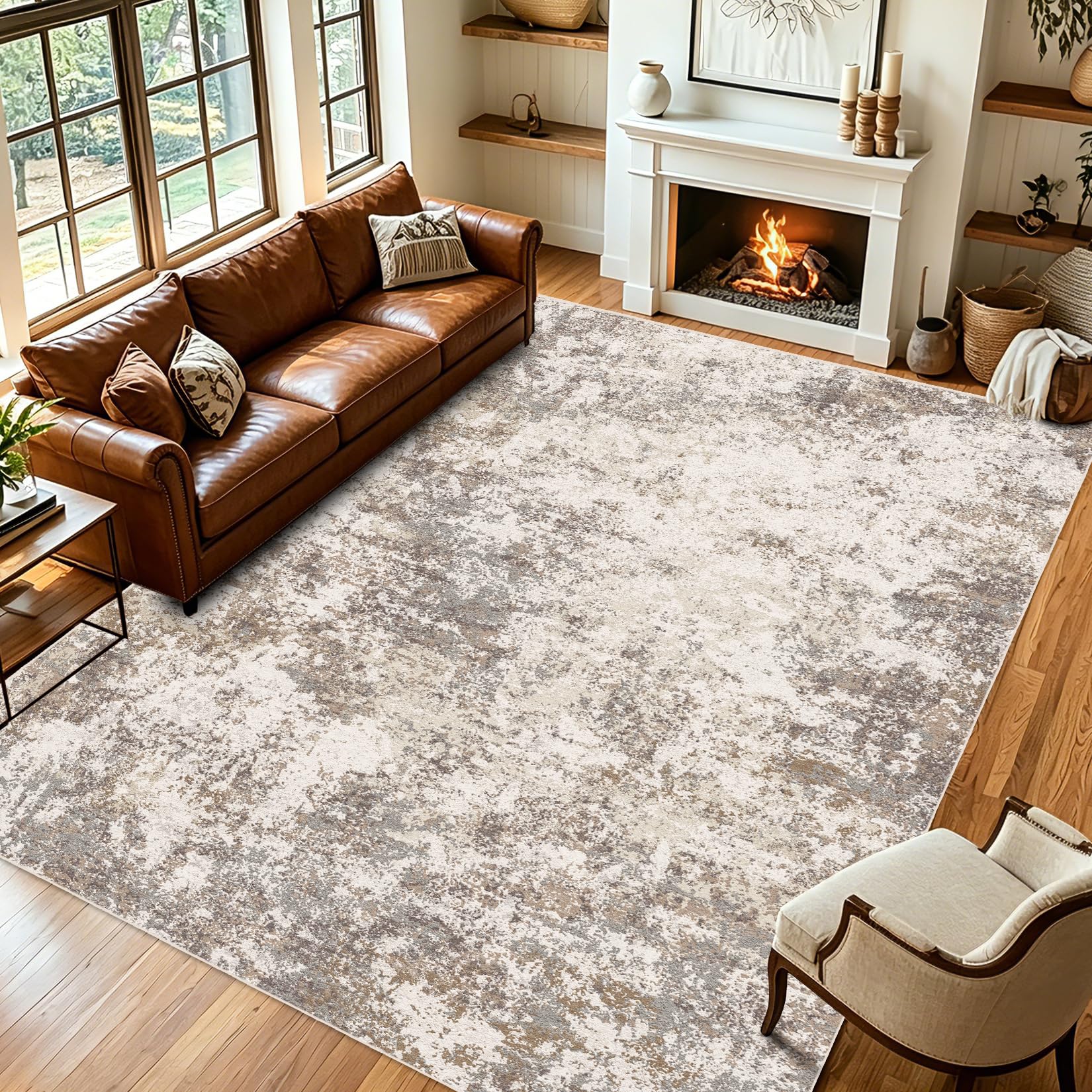 Alruno Washable 9'x12' Brown Area Rug for Living Room, Modern