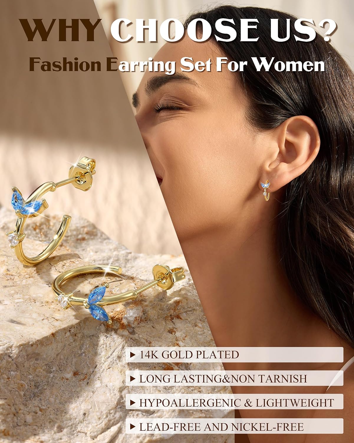 Dochais Gold Earrings for Women Dainty Drop Stackable Earring Set 14K Gold Plated Cartilage Small Hoop Earrings Flat Back Studs Ear Cuffs Huggie Earrings for Multiple Piercings image 3