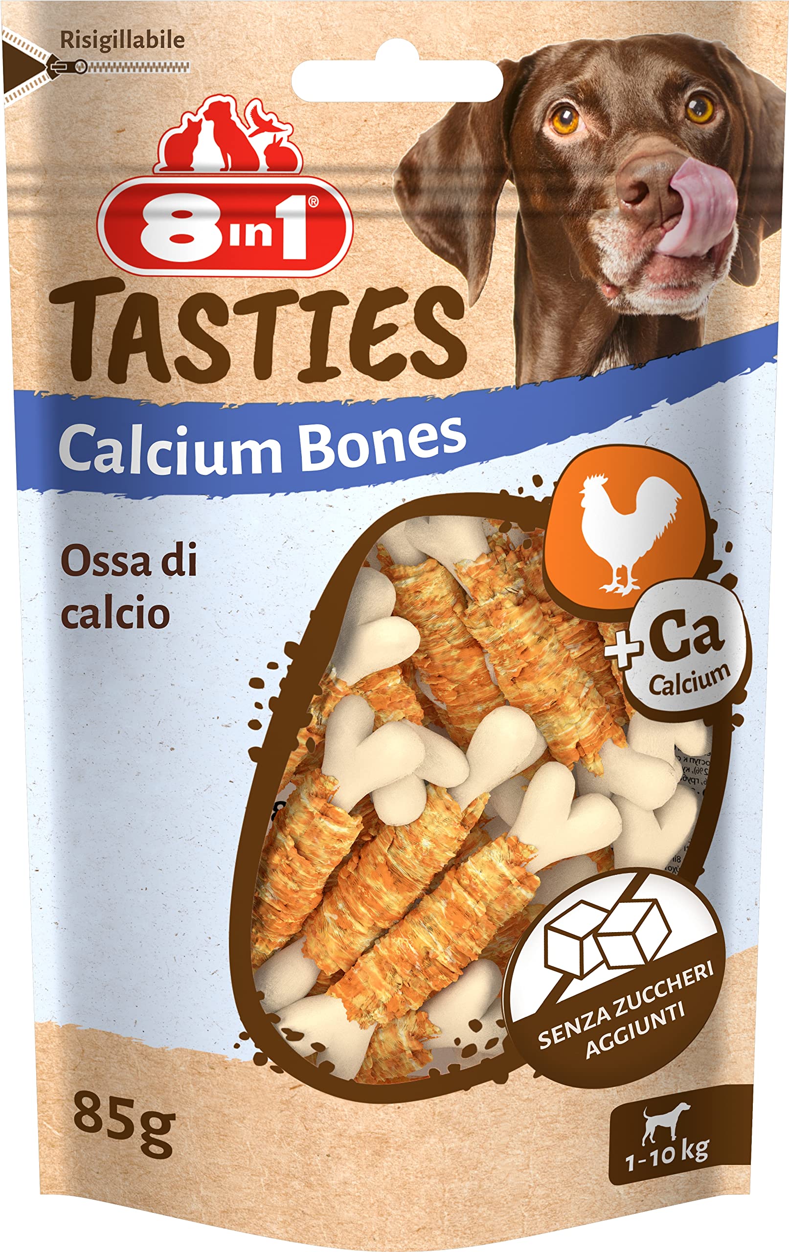 8in1 Tasties Calcium Bones - Ossa di calcio - Piccole ossa di calcio avvolte nel petto di pollo, 85