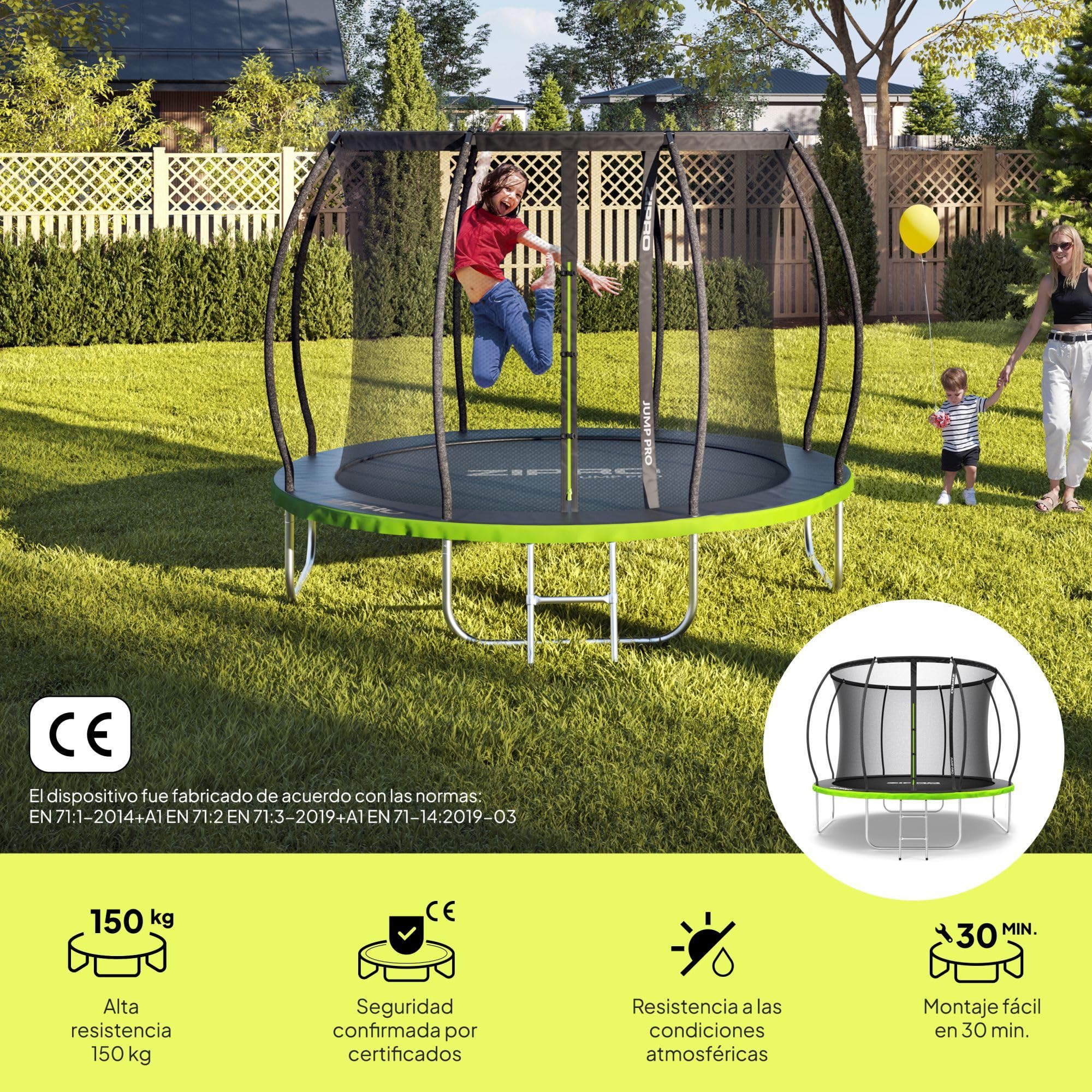 ZIPRO JumpPro Premium Trampolín Exterior, Cama Elástica para Niños, con Red Interna, Resistente, Protección UV, Montaje Fácil, Soporta hasta 150 kg, Ø 252/312/374/435/496 cm