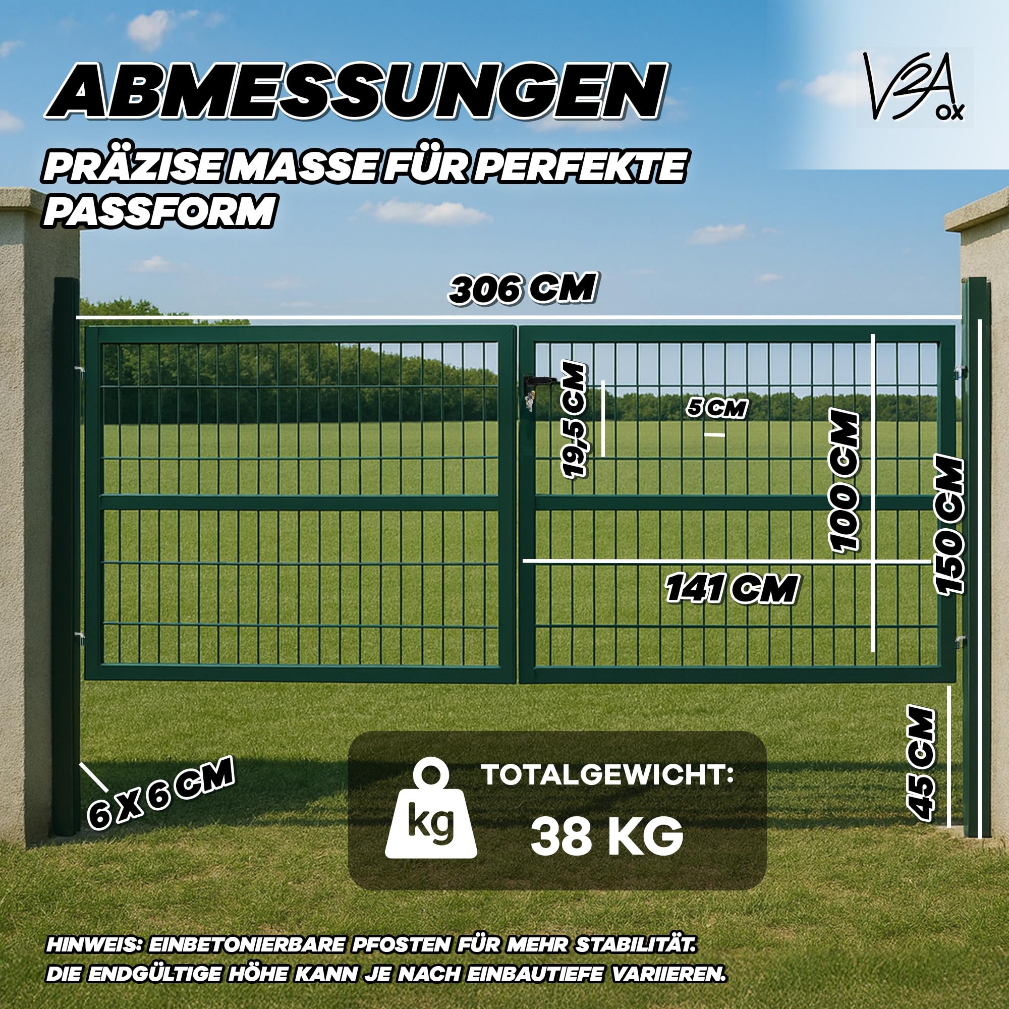 Gartentor Tor Gartenzaun Zaun 300x100 cm Doppelflügelig Gartentür aus Metall für Stabmattenzaun Abschließbar inkl. Pfosten Grün