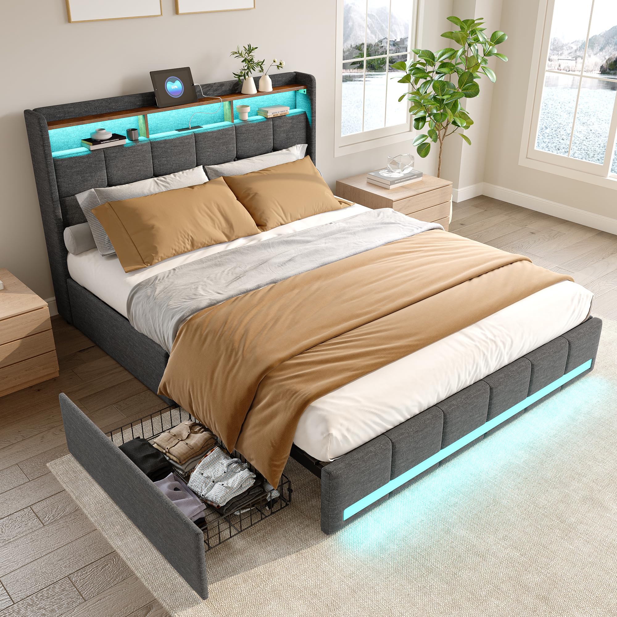 Letto imbottito, 160 x 200 cm, letto matrimoniale, letto funzionale con illuminazione a LED e funzione di ricarica USB, letto con 4 cassetti e rete a doghe, letto per giovani, con schienale
