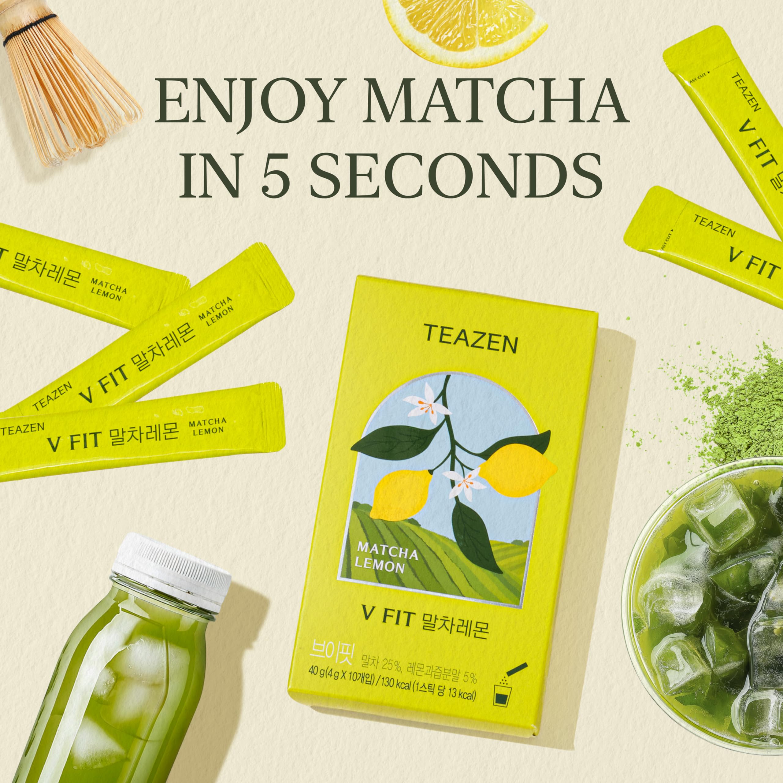 TEAZEN V-Fit Matcha Lemon Powder Sticks Low Calorie Detox Tea Hydration Drink Mix Sugar Free 10 Sticks 1 — view 6