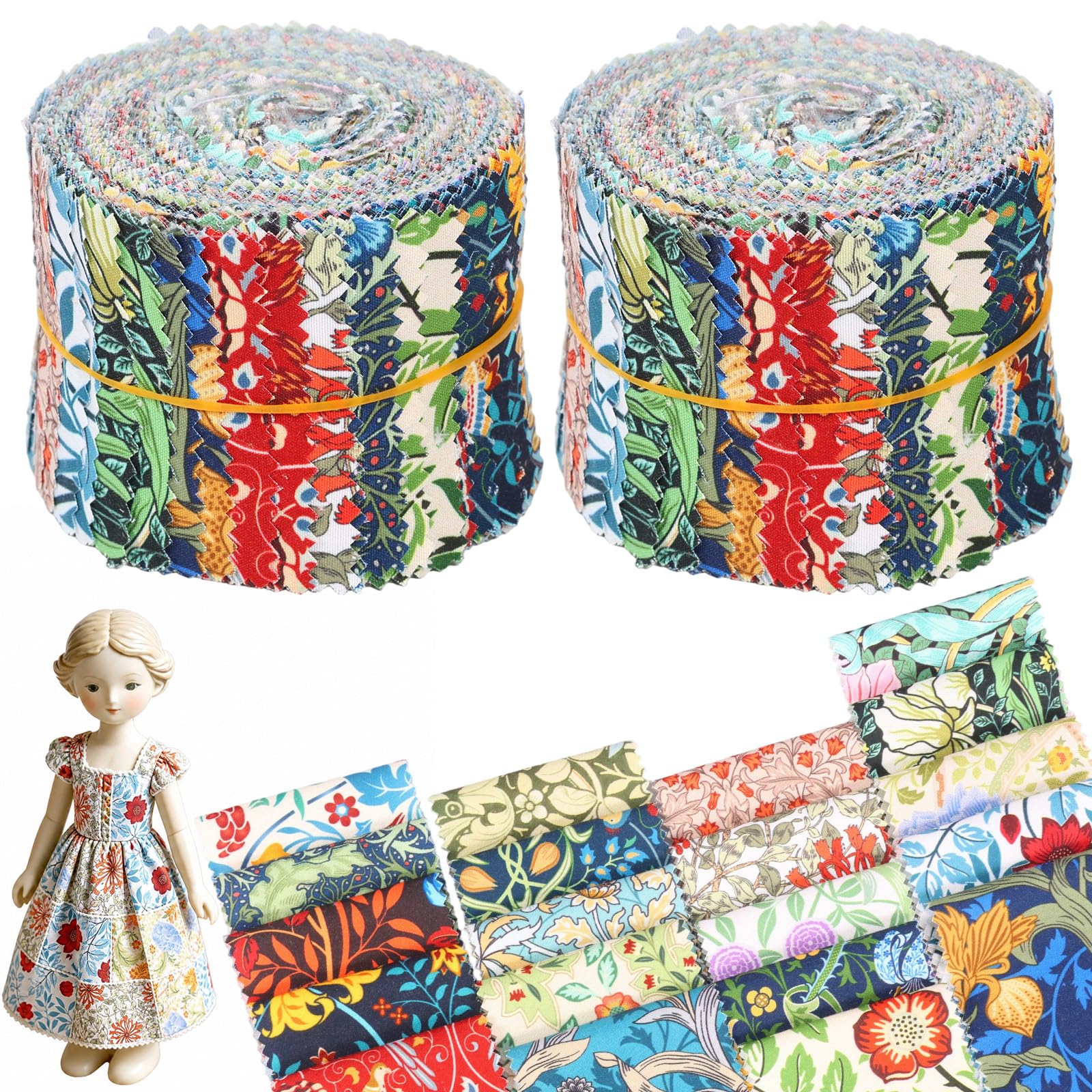 80Pcs Jelly Roll Fabric 2.5x19.7inch Cotton Quilting Fabric Vintage Floral Sewing Supplies for Quilting Sewing Purse Making(Colour)