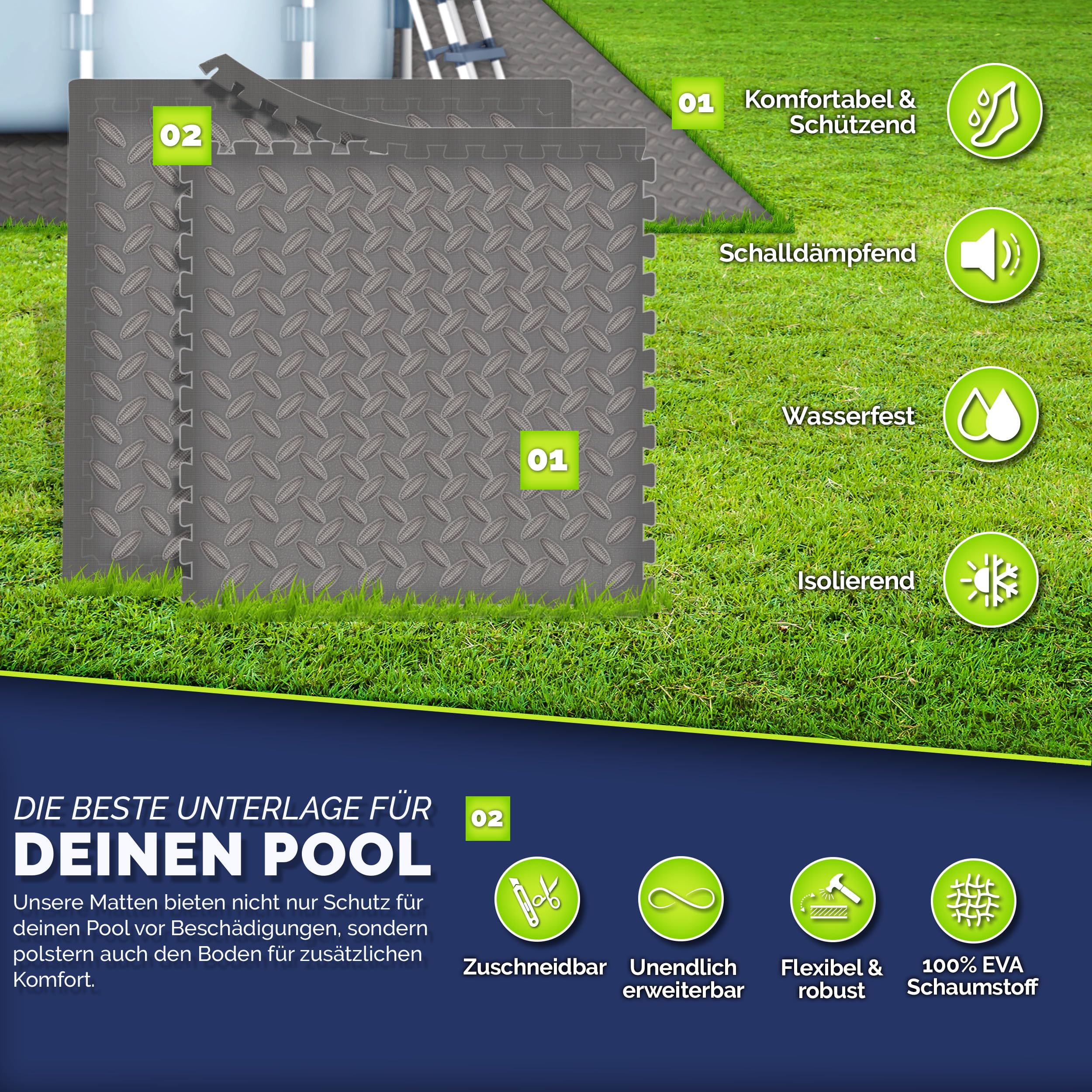 tillvex® Lot de 12 tapis de protection pour piscine | Tapis de sol pour piscine et bassin gonflable | Tapis de piscine pour extérieur | Tapis de protection thermique pour le fond de la piscine | Film