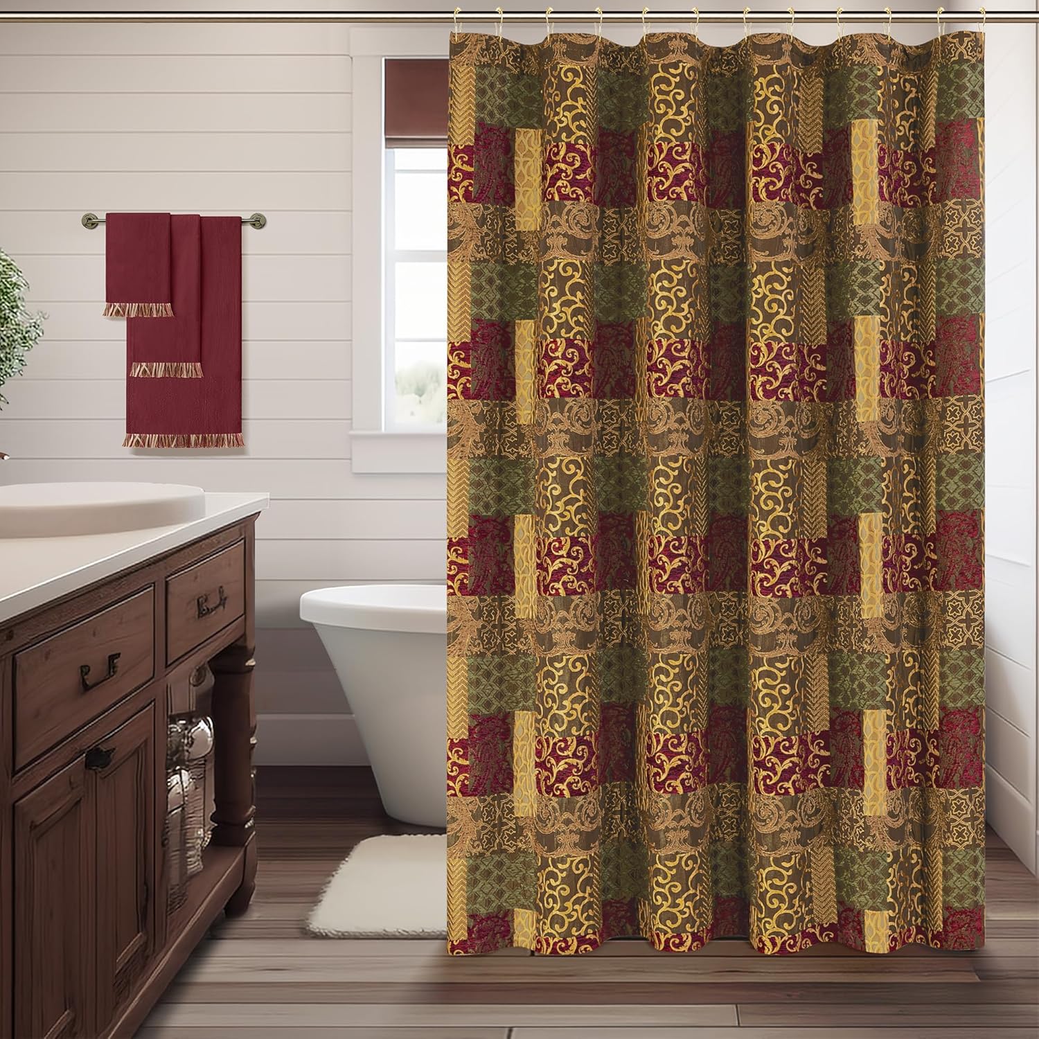 Loom and Mill Damask Fabric Shower Curtain Set, Patchwork Bathroom Shower Curtain Sets with 12 Metal Hooks, Waterproof Heavy Duty Bathroom Curtains for Home Decor Wall Divider 72" W x 72" L, Red&Gold