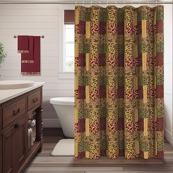 Loom and Mill Damask Fabric Shower Curtain Set 72" W x 72" L, Red&Gold | Patchwork Thick Jacquard Waterproof Heavy Duty Bathroom Shower Curtain Sets with 12 Metal Hooks for Home Decor Wall Divider