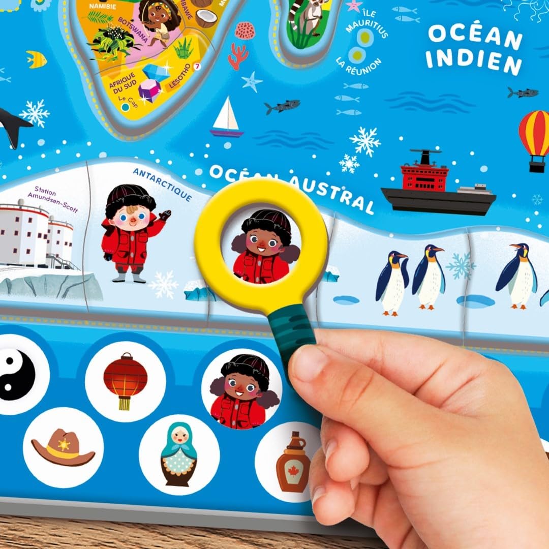 CLEMENTONI - Mon Puzzle Magnétique du Monde 4 Ans + - Planisphère Interactif - Découverte Animaux & Monuments - Jeu Éducatif Enfant