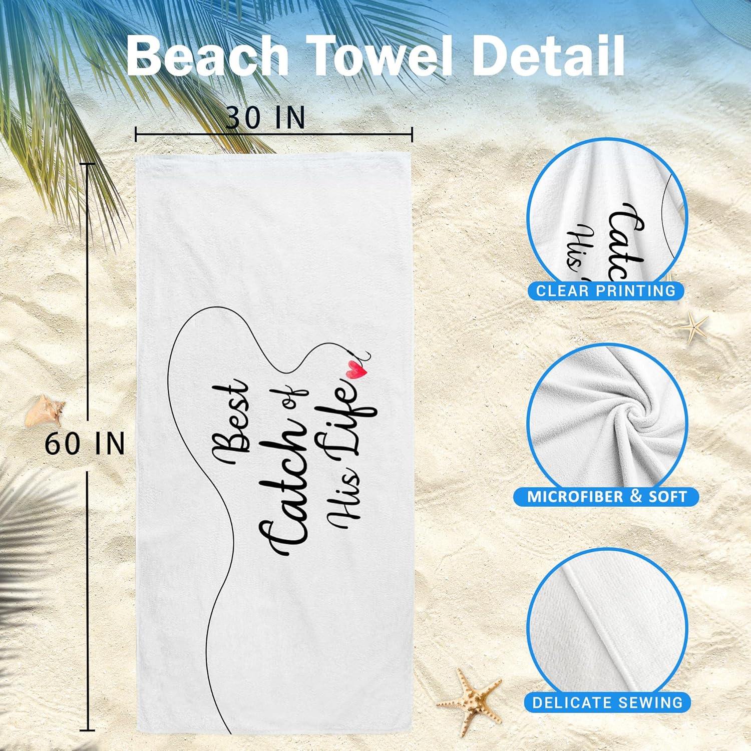 Couple Funny Fisherman Beach Towel Set of 2, Honeymoon Wedding Beach Towels Gifts for Newlywed Bride Groom Valentine's Day, Black and White Beach Towels Oversized Decor for Bathroom 30x60 in - Image 7