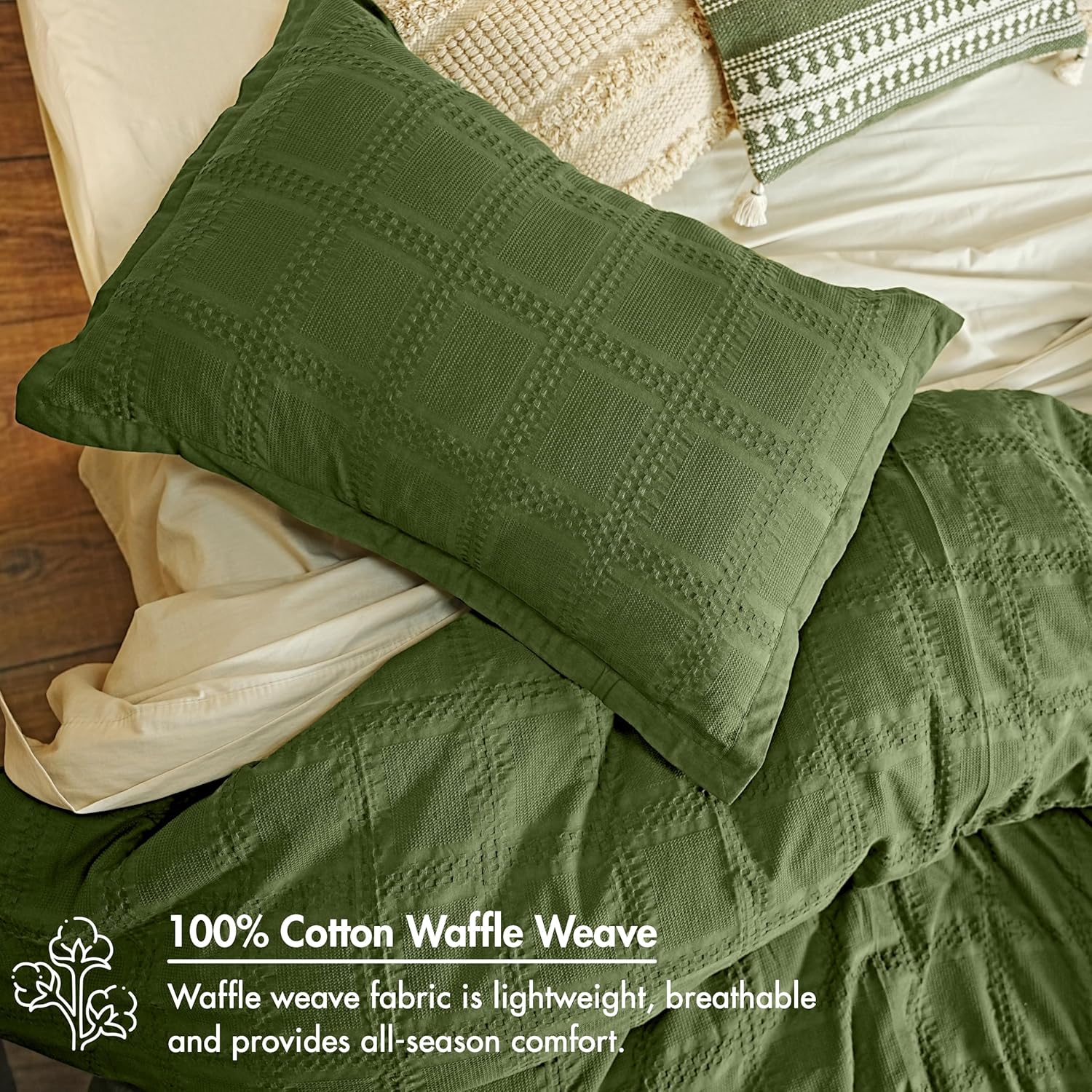 RUVANTI 100% Cotton Waffle Weave Full Duvet Cover Set - Pre-Washed Soft Cozy Textured Bedding, 3-Piece, 8 Corner Ties, Breathable, Olive Green (Big Box)