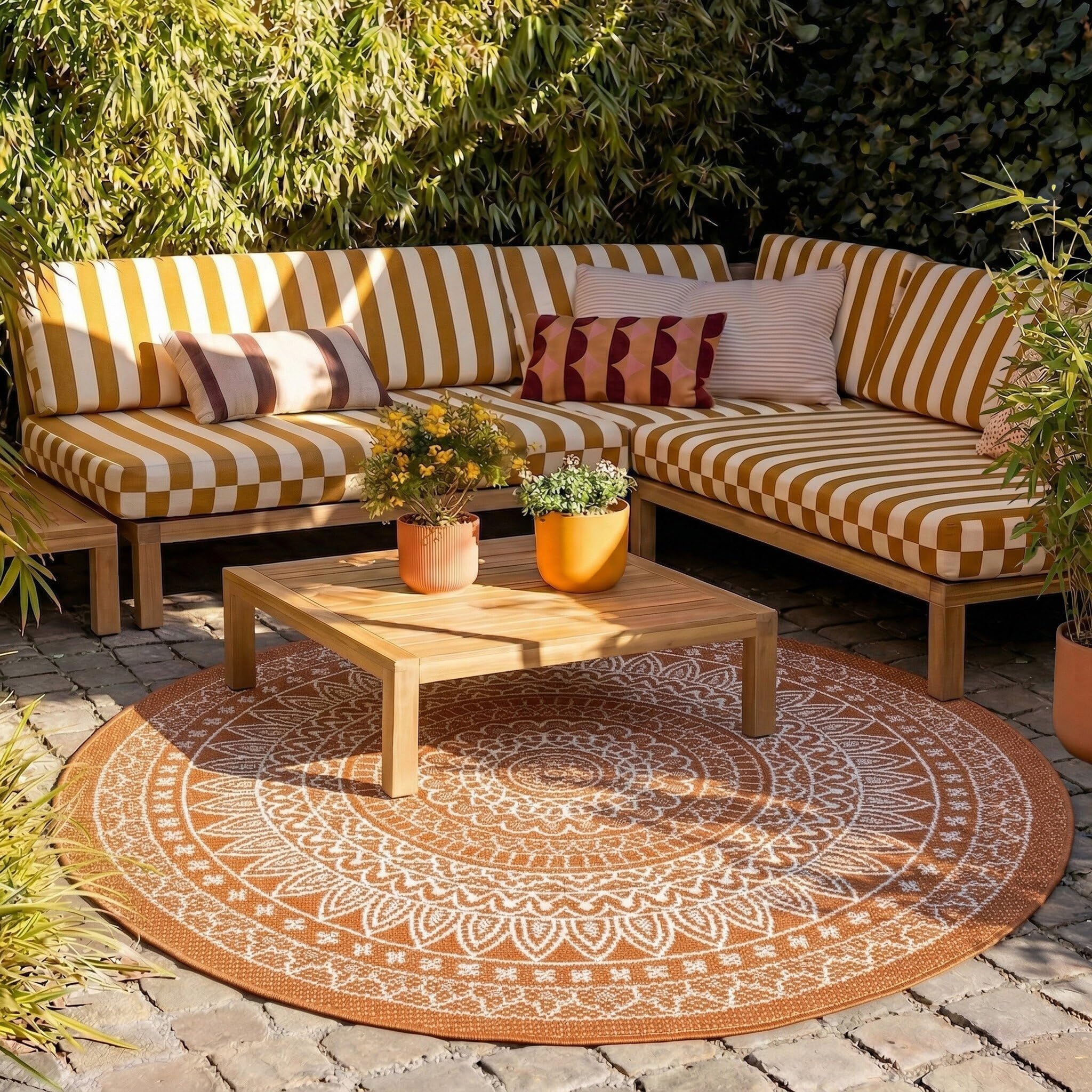 FRAAI | Home & Living Tapis d'extérieur Rond - Summer Azteca Terracotta - Ø 100 cm - Tapis Exterieur Resistant Pluie - Rond - Terrasse, Jardin, Balcon | Résistant aux intempéries - Synthétique - Polypropylène - Balcon, Jardin/Terrasse - Tapis d'extérieur