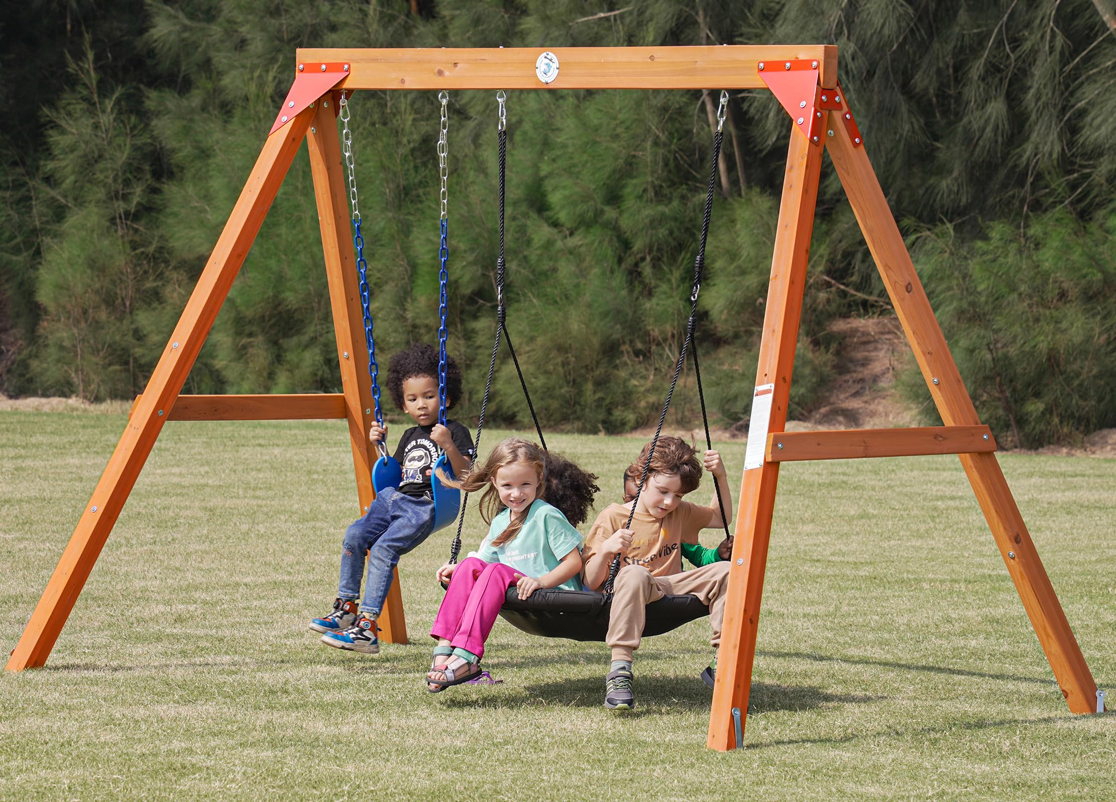 Dolphin Playground DIY Saucer Swing Set, Wooden Swing Sets for Backyard with Belt Swing, Outdoor Kids Swing Set, Outdoor Playset for Any Swing Replacements